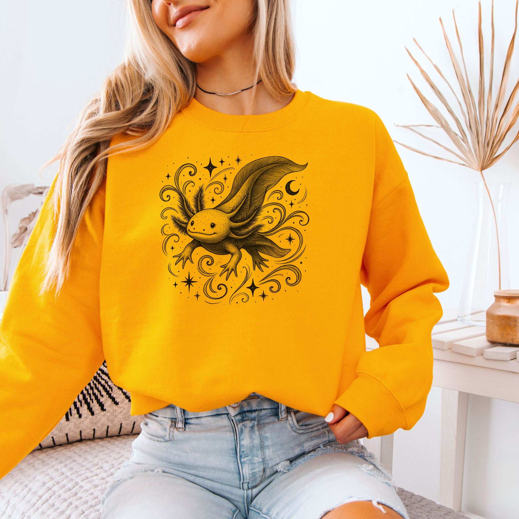 Magical Axolotl Moonlight Sweatshirt – Celestial Sea Creature Gift