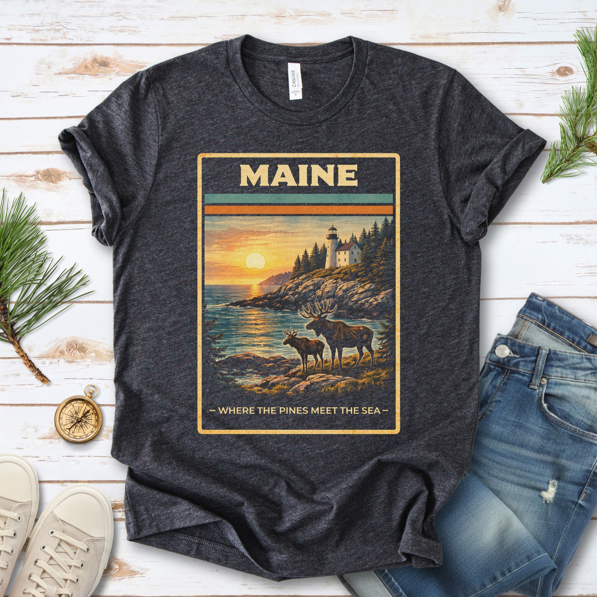Maine Moose Lighthouse Coastal Nature Adventure Vintage T-Shirt