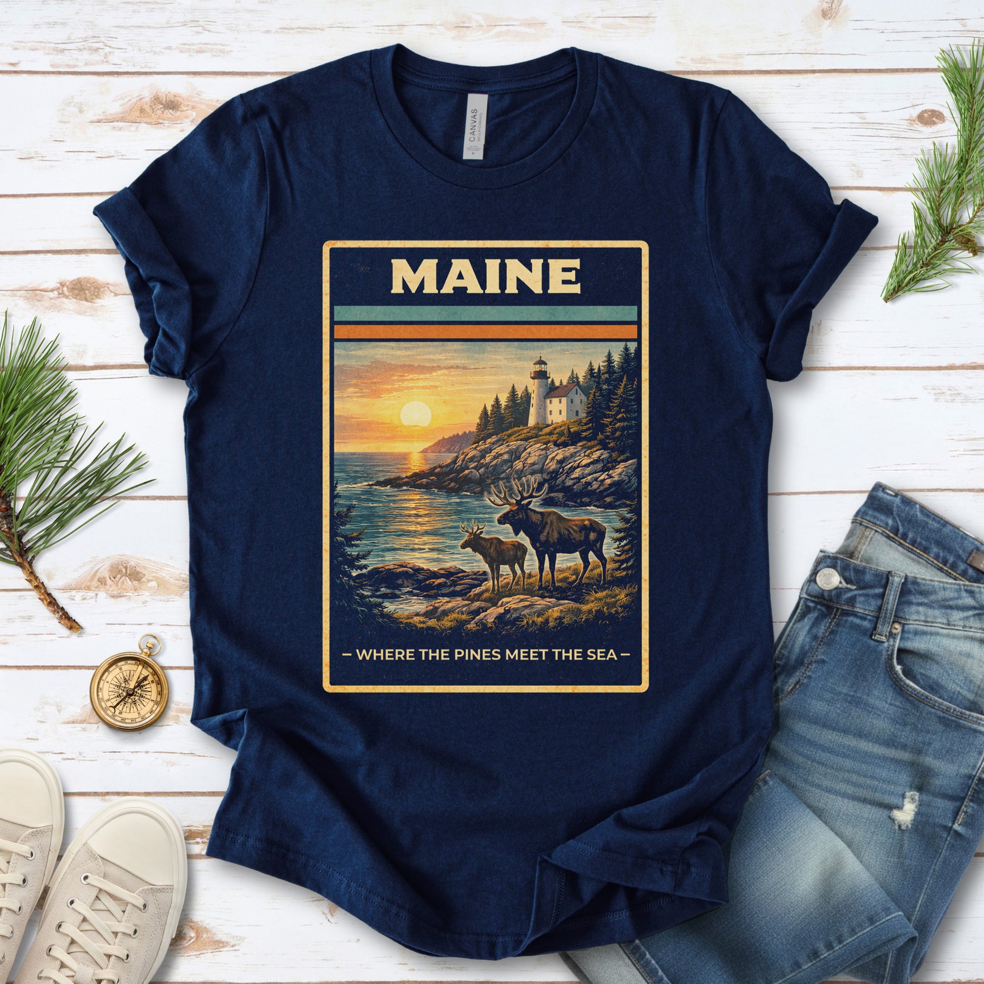 Maine Moose Lighthouse Coastal Nature Adventure Vintage T-Shirt