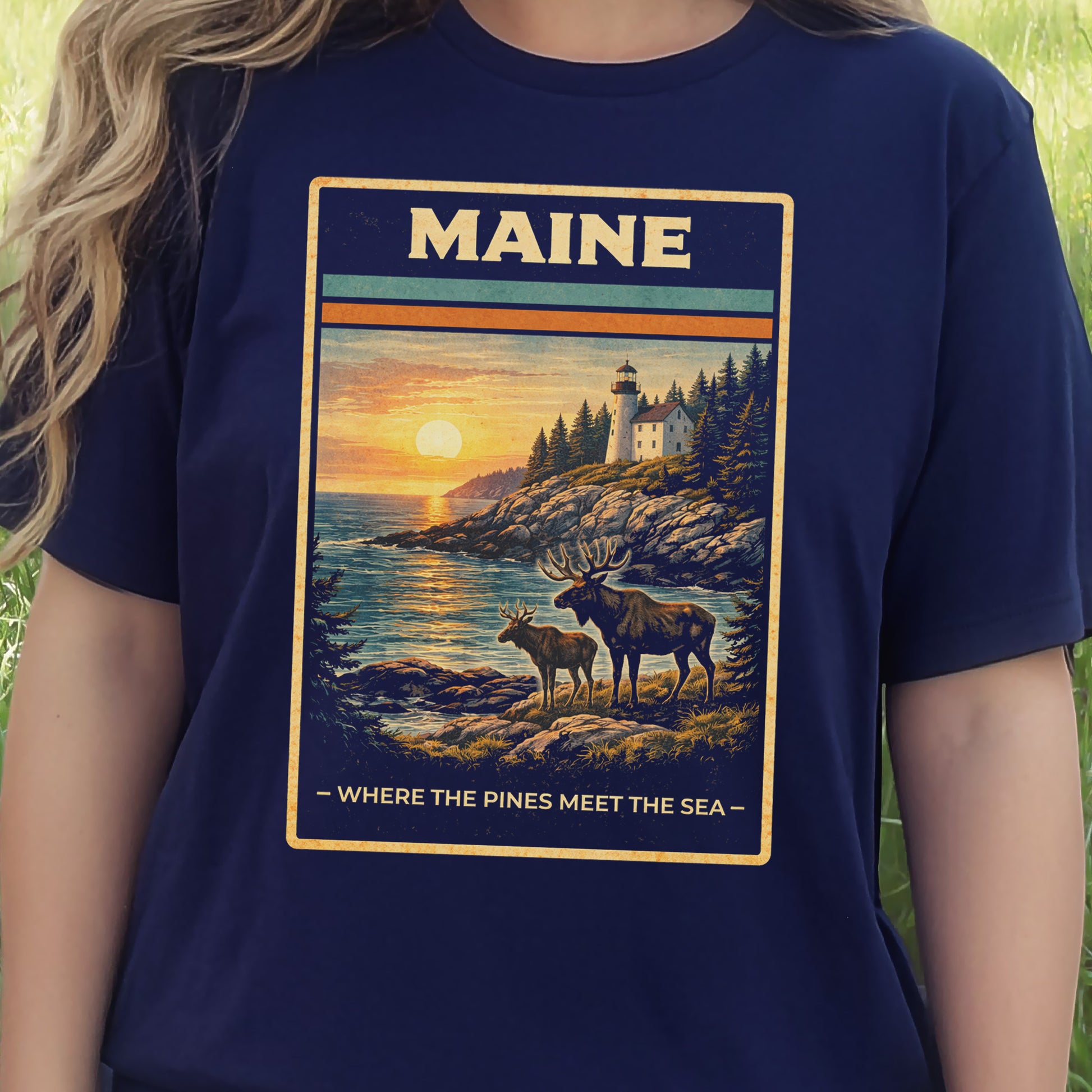 Maine Moose Lighthouse Coastal Nature Adventure Vintage T-Shirt