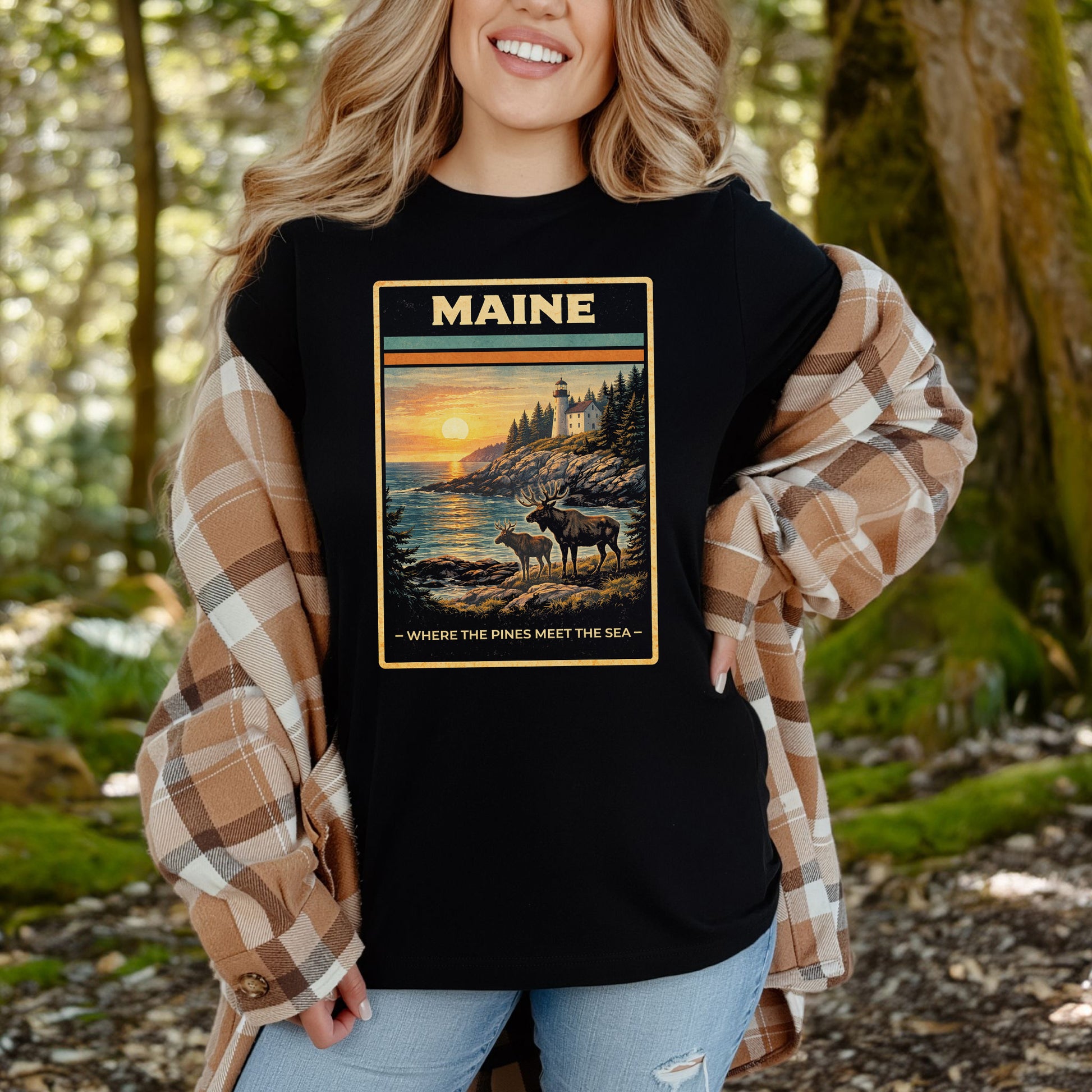 Maine Moose Lighthouse Coastal Nature Adventure Vintage T-Shirt