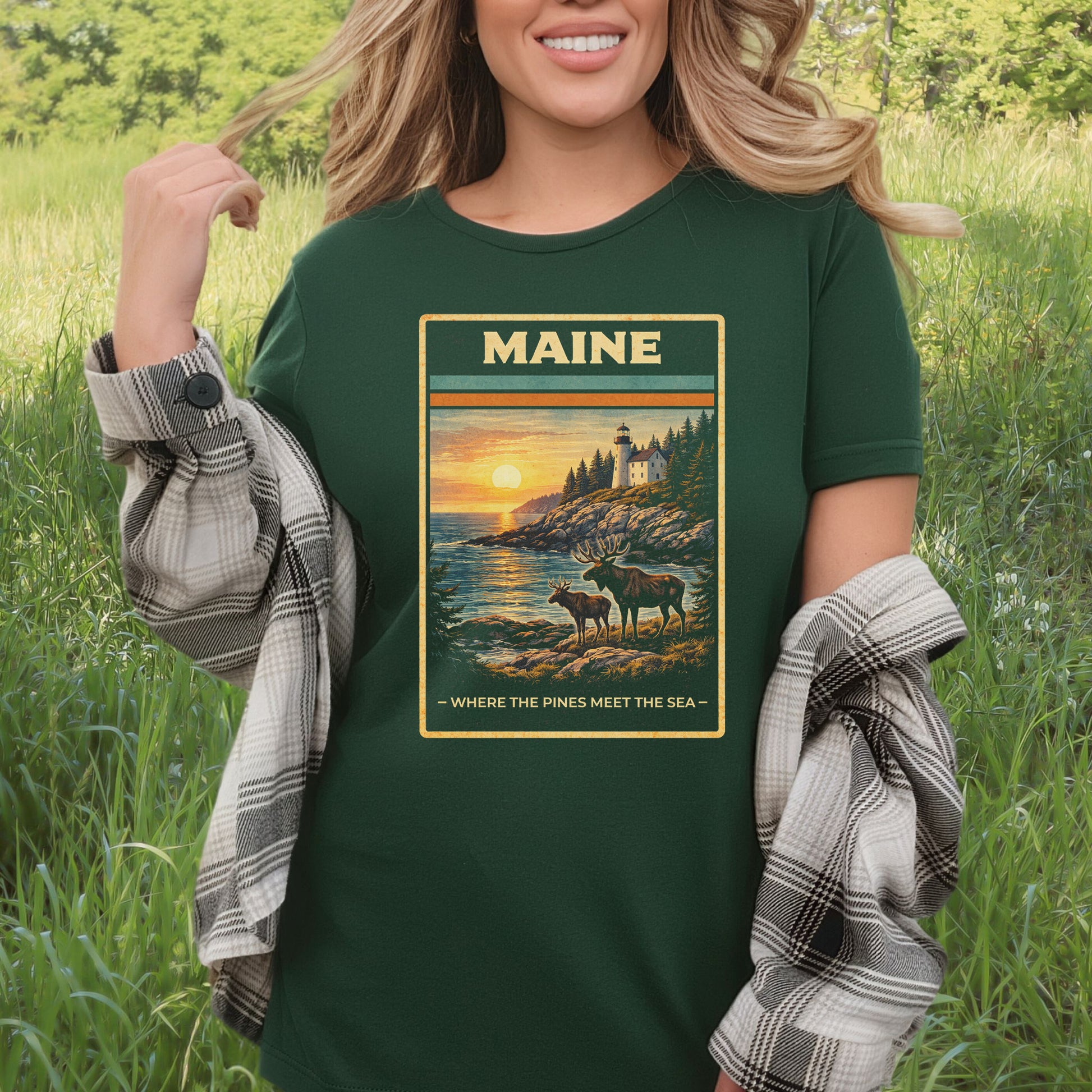Maine Moose Lighthouse Coastal Nature Adventure Vintage T-Shirt