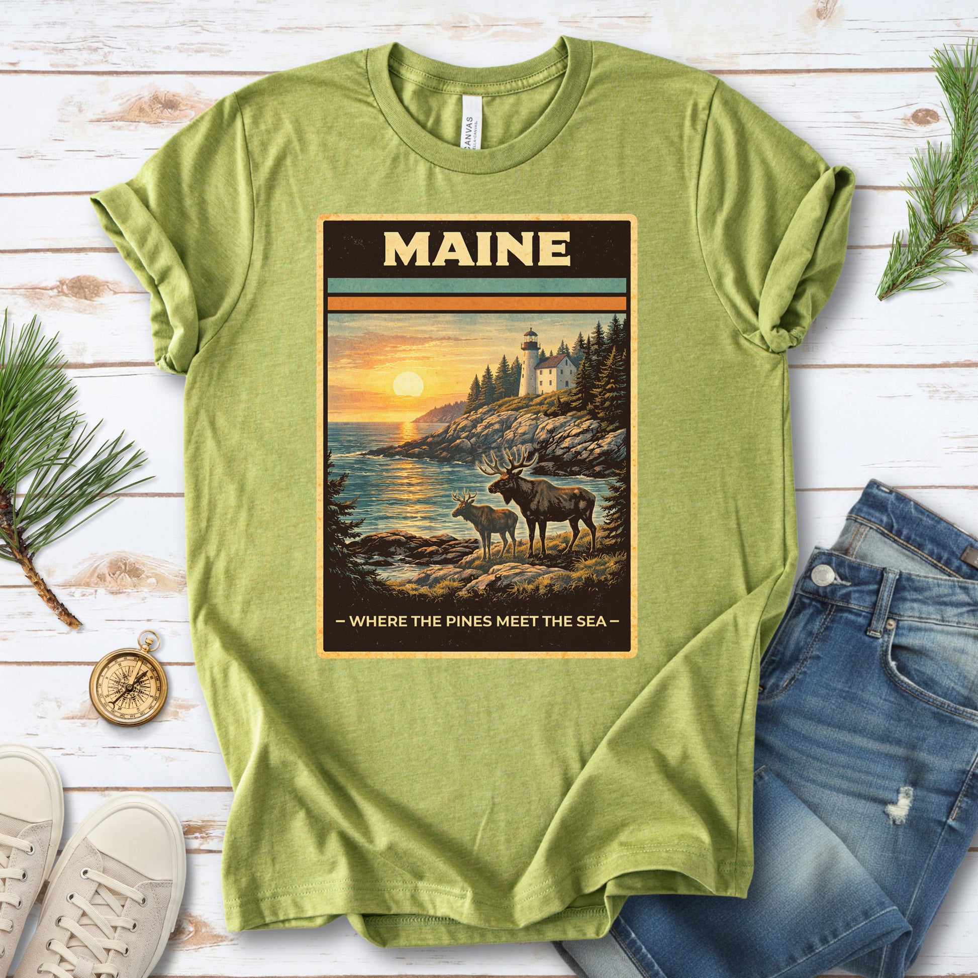 Maine Moose Lighthouse Coastal Nature Adventure Vintage T-Shirt