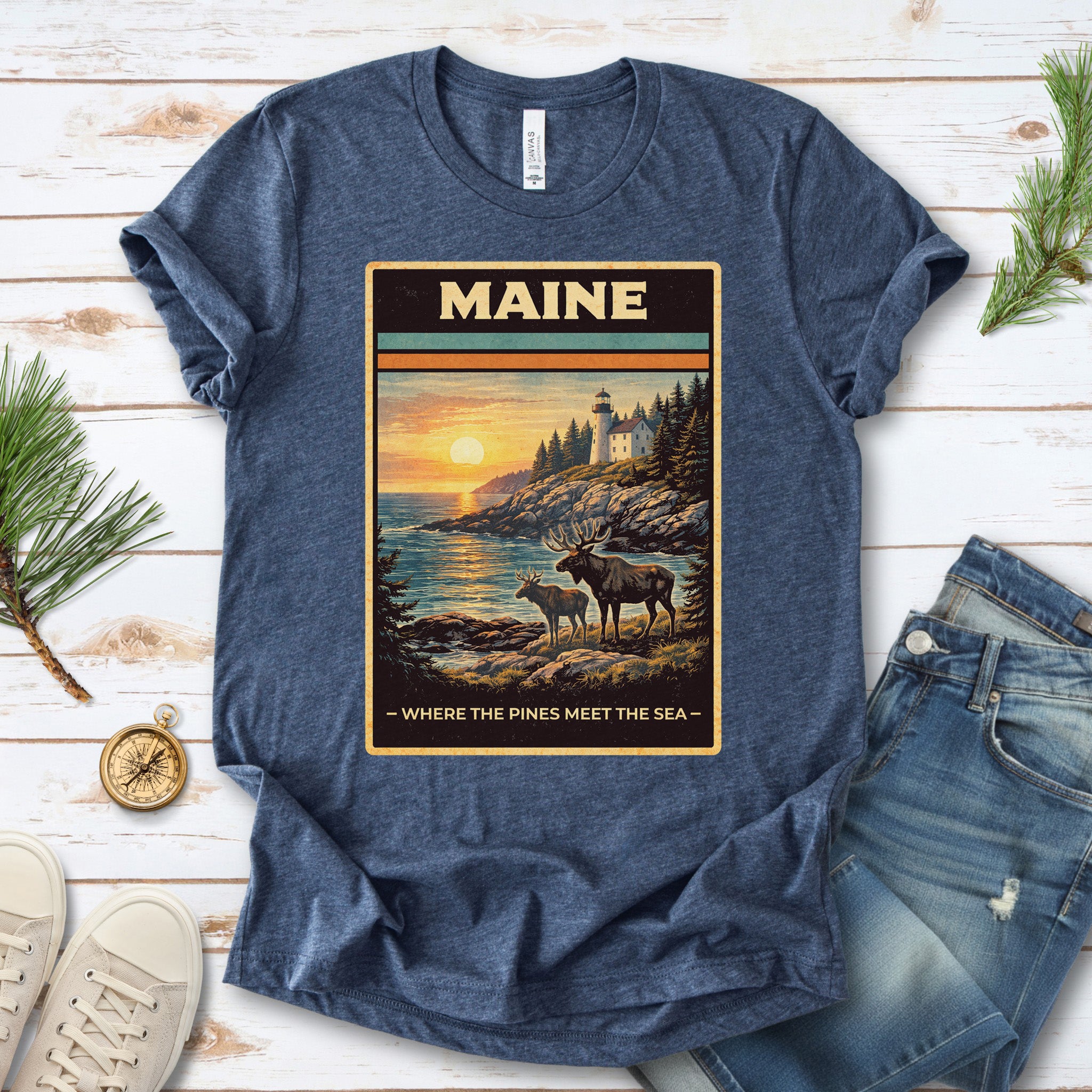 Maine Moose Lighthouse Coastal Nature Adventure Vintage T-Shirt