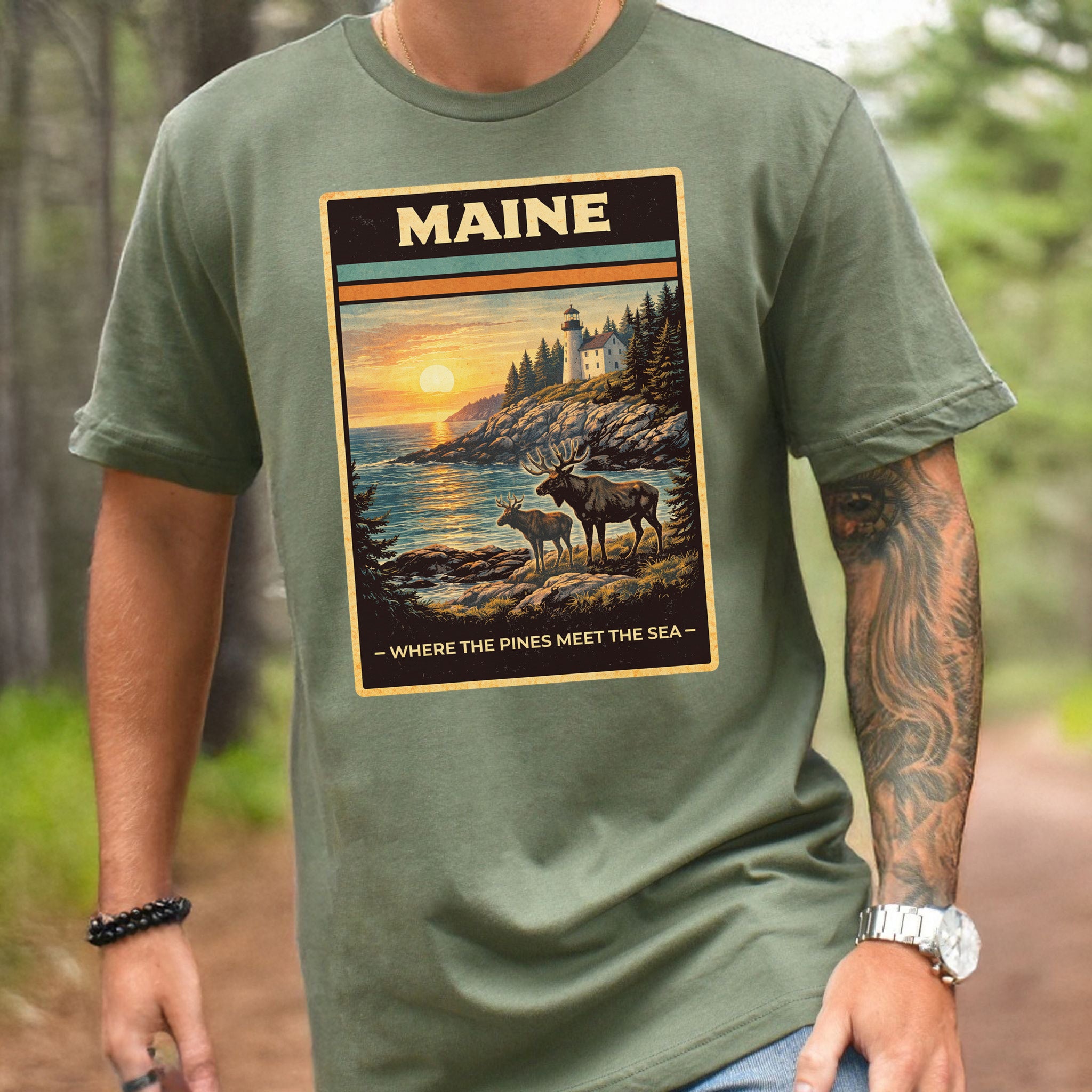 Maine Moose Lighthouse Coastal Nature Adventure Vintage T-Shirt