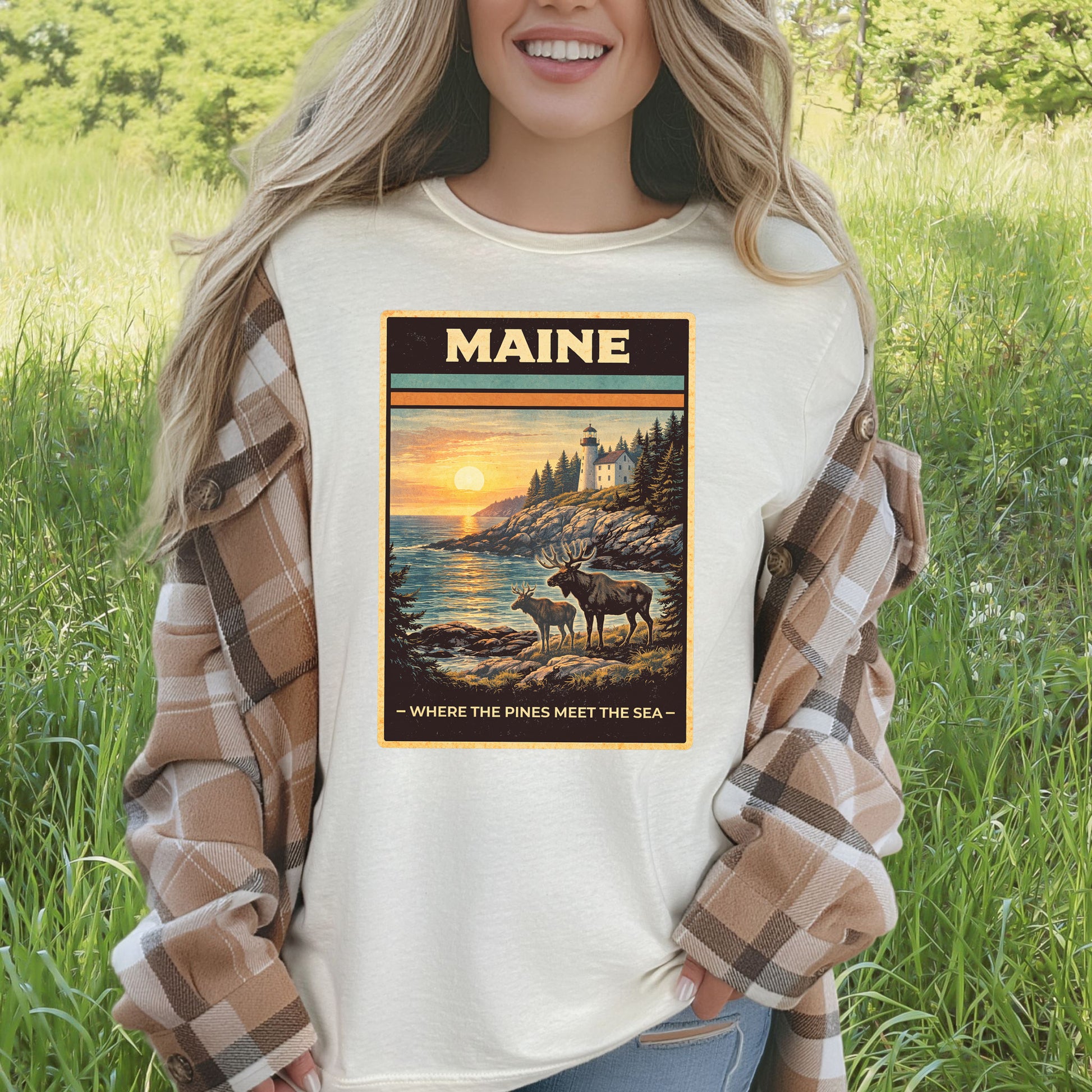 Maine Moose Lighthouse Coastal Nature Adventure Vintage T-Shirt