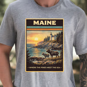 Maine Moose Lighthouse Coastal Nature Adventure Vintage T-Shirt