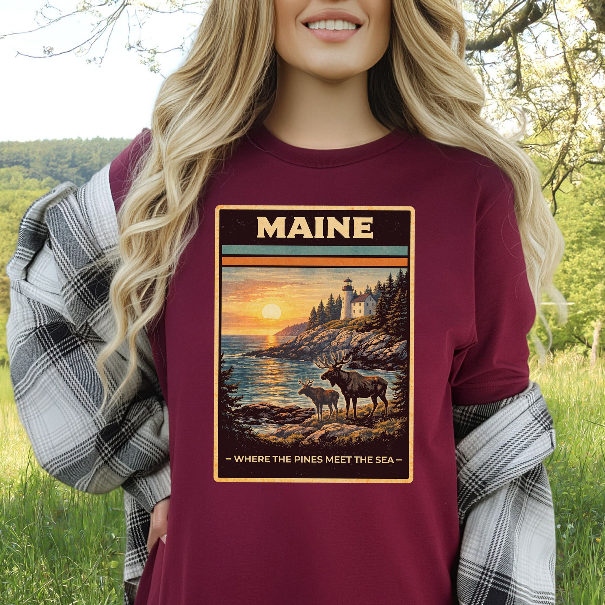 Maine Moose Lighthouse Coastal Nature Adventure Vintage T-Shirt
