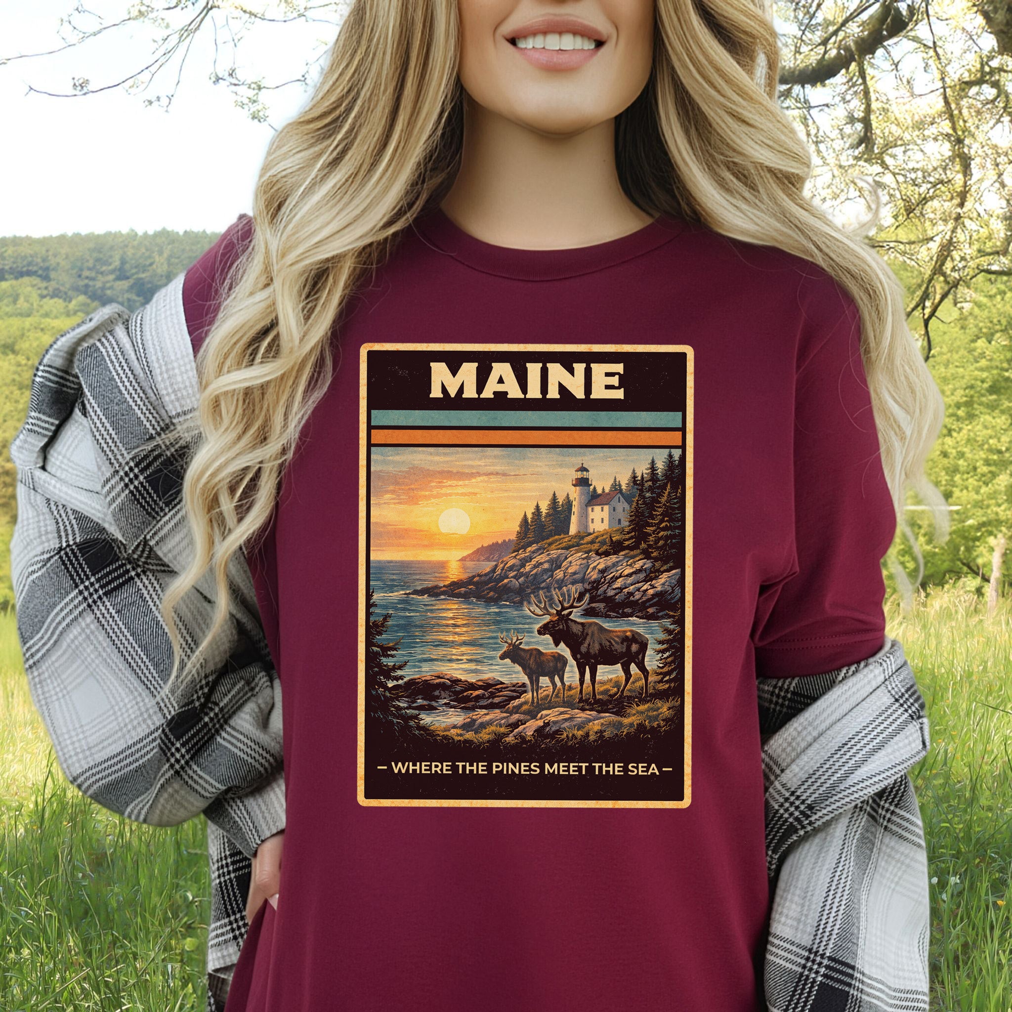 Maine Moose Lighthouse Coastal Nature Adventure Vintage T-Shirt