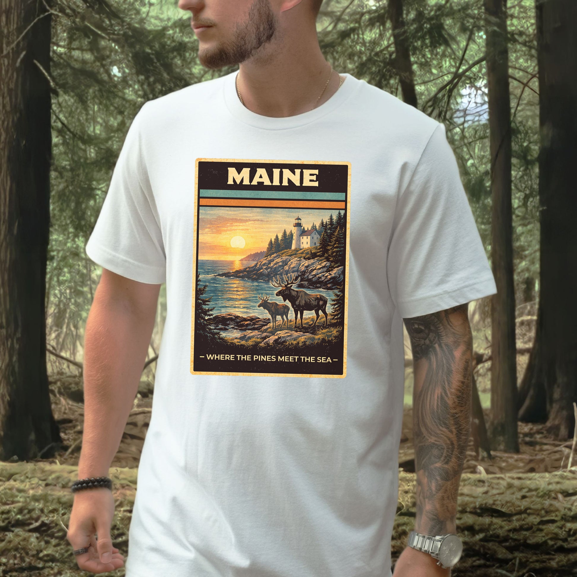 Maine Moose Lighthouse Coastal Nature Adventure Vintage T-Shirt
