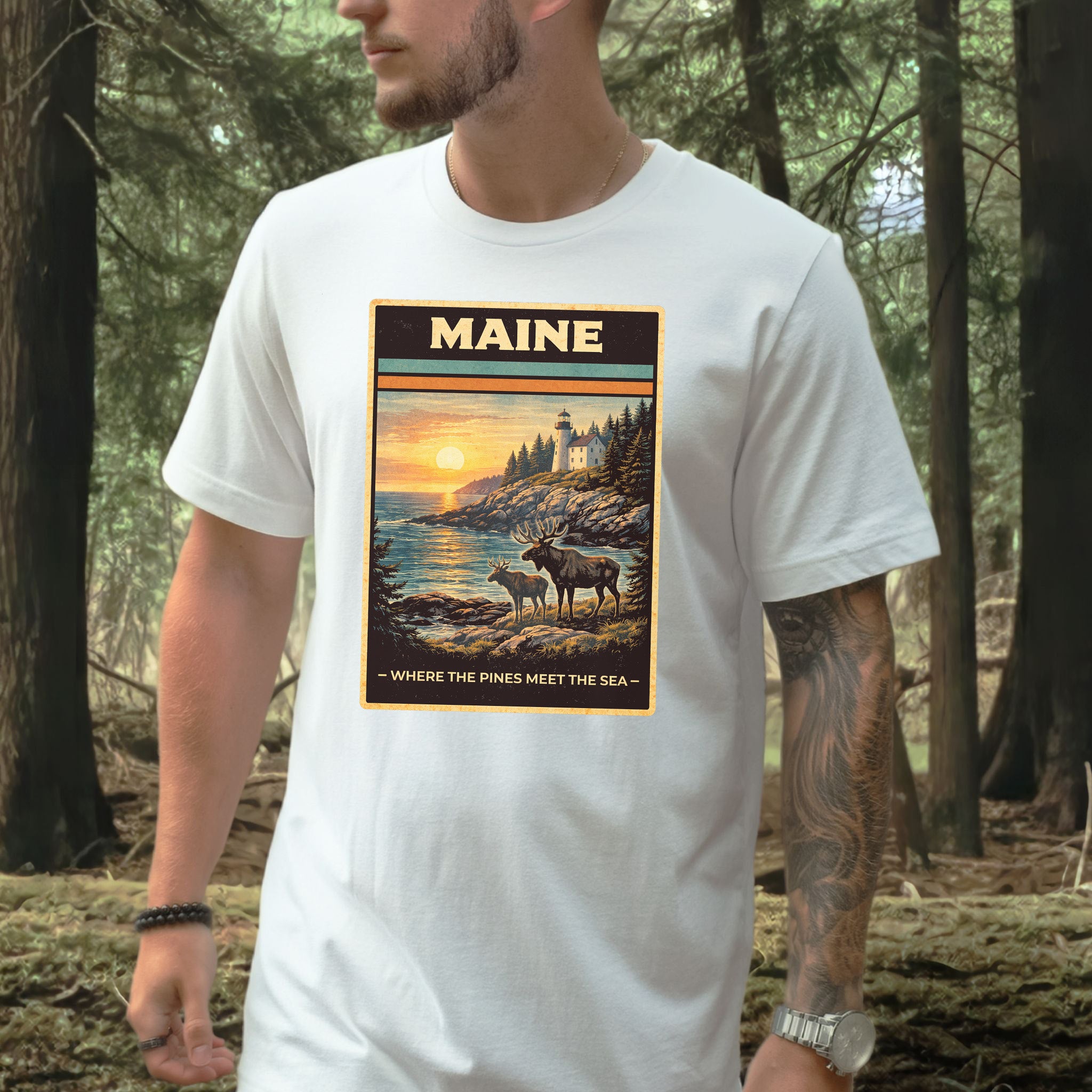 Maine Moose Lighthouse Coastal Nature Adventure Vintage T-Shirt