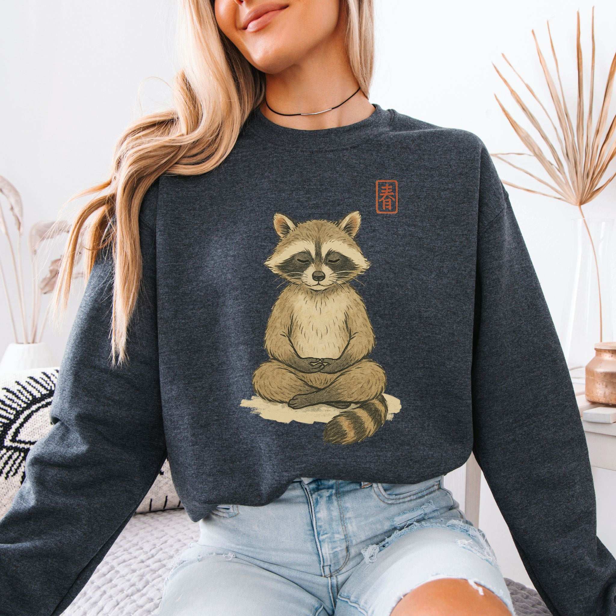 Meditating Raccoon Sweatshirt – Watercolor Zen Animal for Mindful Souls
