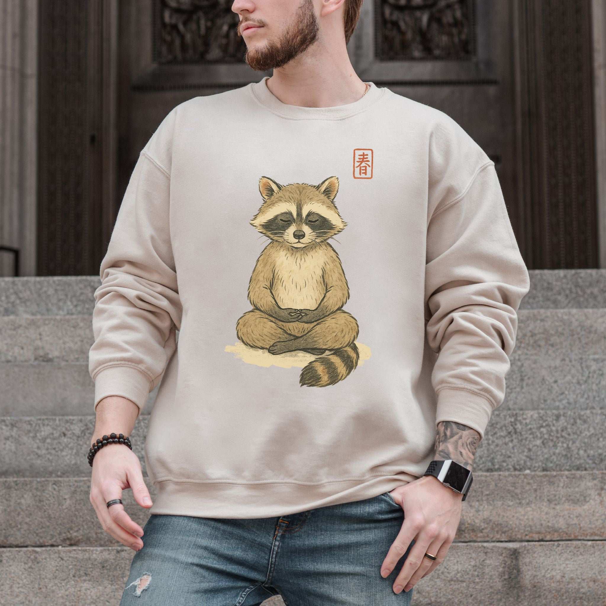 Meditating Raccoon Sweatshirt – Watercolor Zen Animal for Mindful Souls