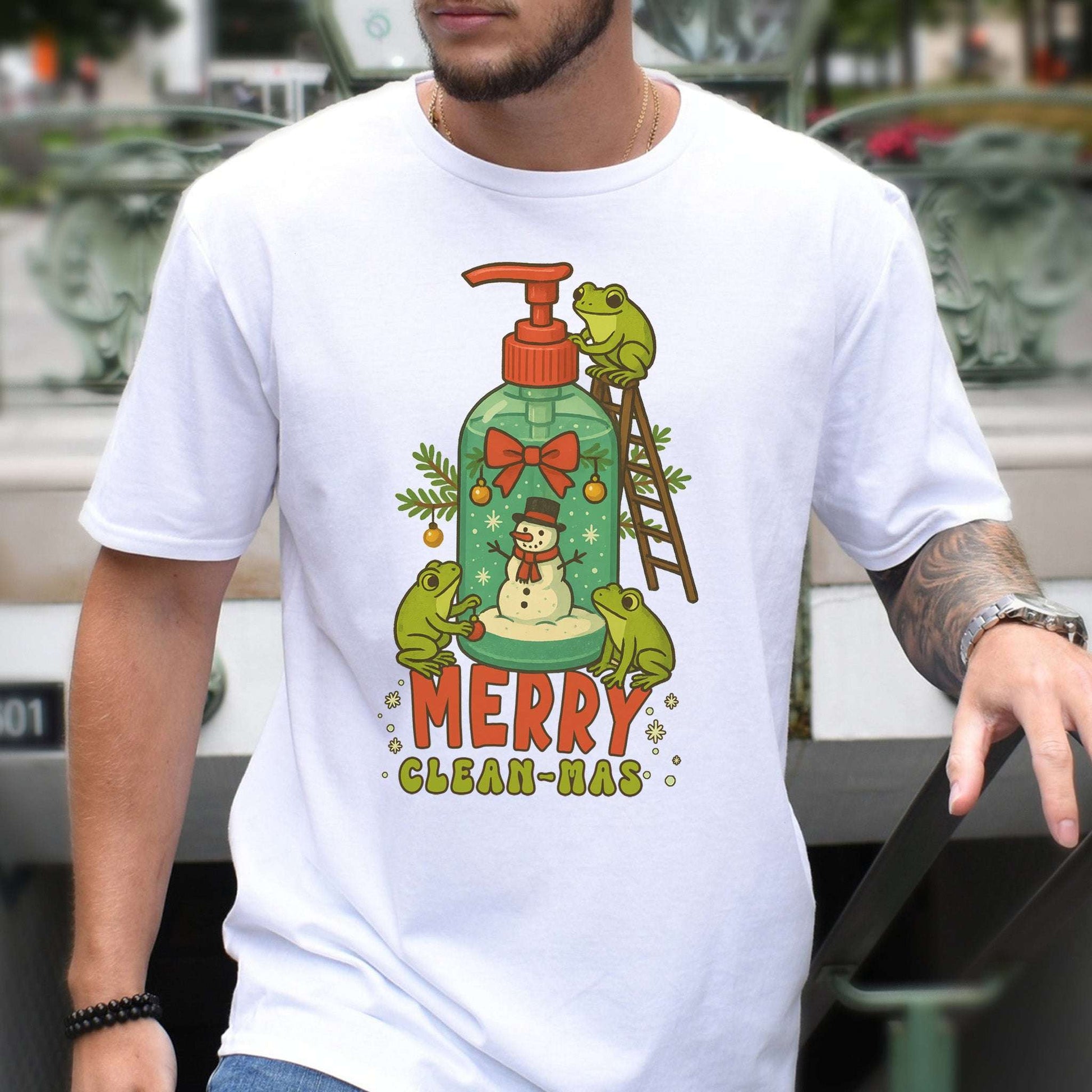Merry Clean-mas T-Shirt – Funny Frog & Hand Soap Christmas Tee