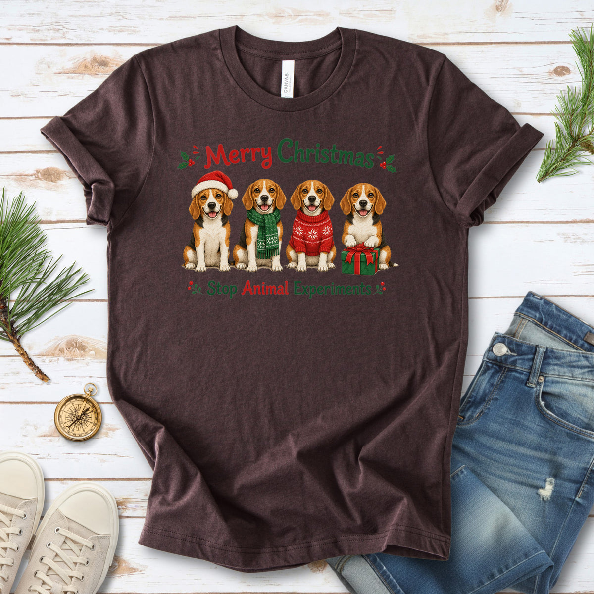Merry Christmas Beagle Dog Stop Animal Experiments Rescue Gift T-Shirt