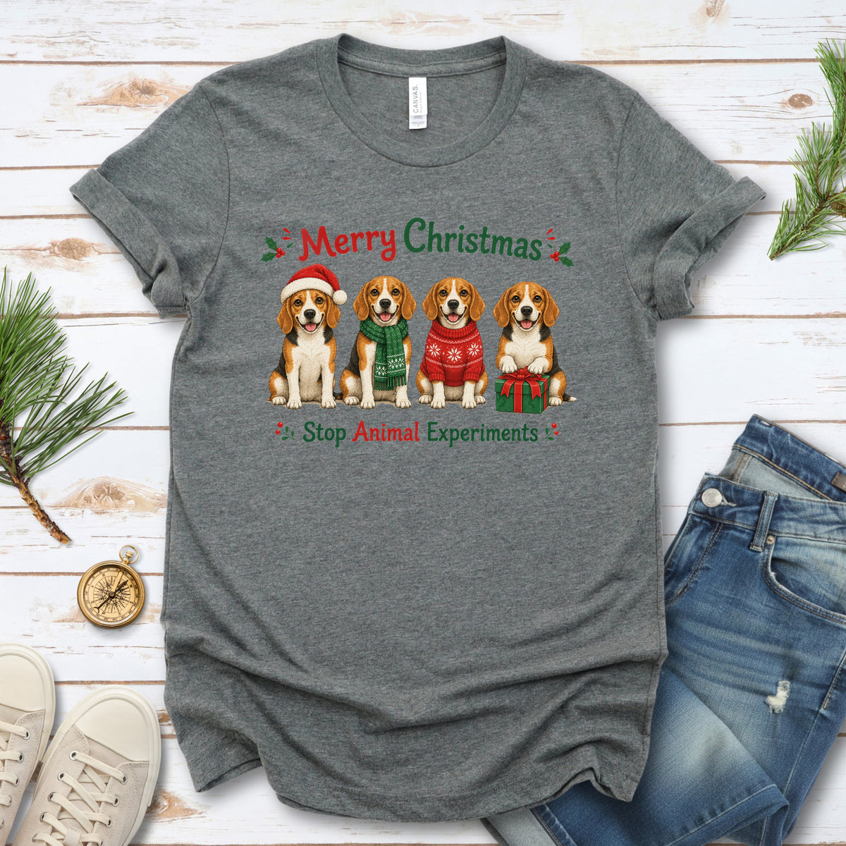 Merry Christmas Beagle Dog Stop Animal Experiments Rescue Gift T-Shirt