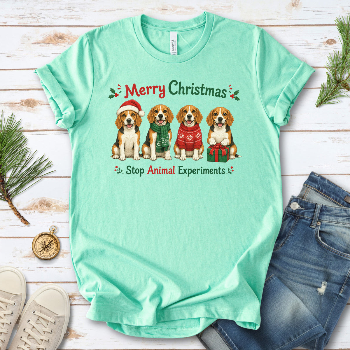Merry Christmas Beagle Dog Stop Animal Experiments Rescue Gift T-Shirt