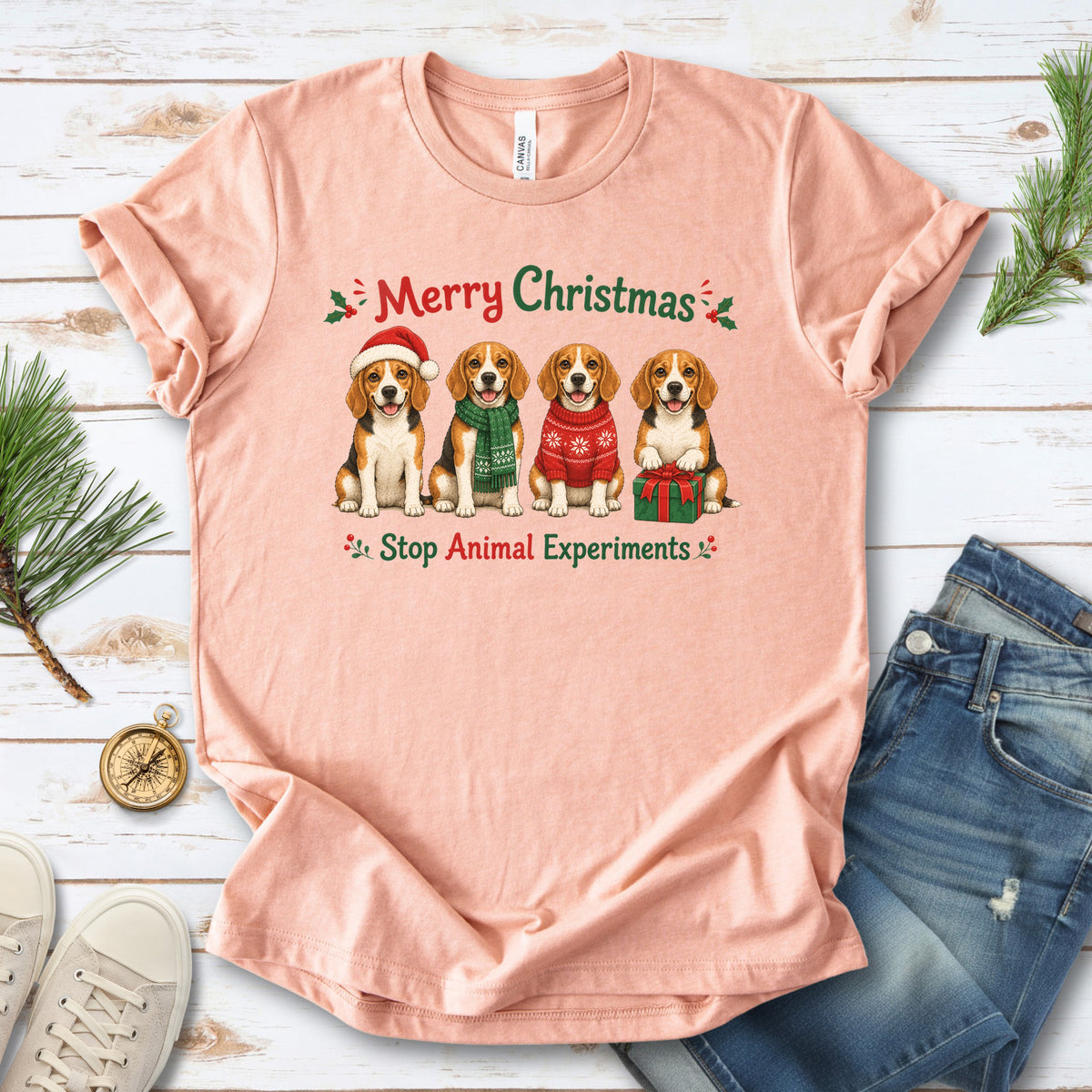 Merry Christmas Beagle Dog Stop Animal Experiments Rescue Gift T-Shirt