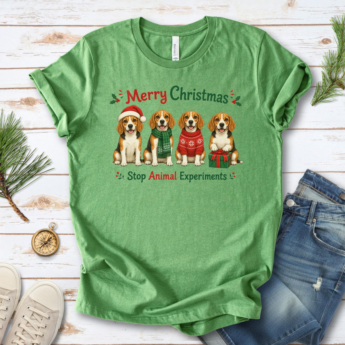 Merry Christmas Beagle Dog Stop Animal Experiments Rescue Gift T-Shirt