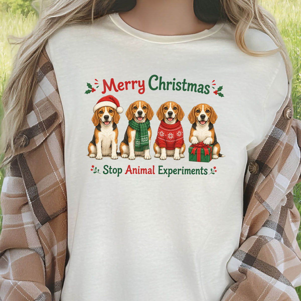 Merry Christmas Beagle Dog Stop Animal Experiments Rescue Gift T-Shirt