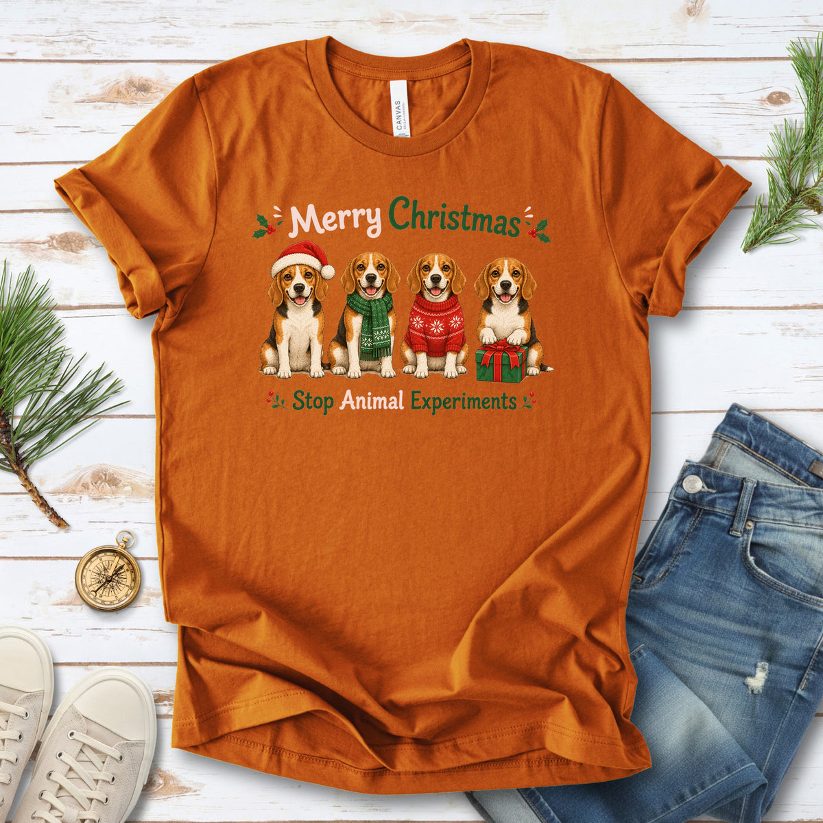 Merry Christmas Beagle Dog Stop Animal Experiments Rescue Gift T-Shirt