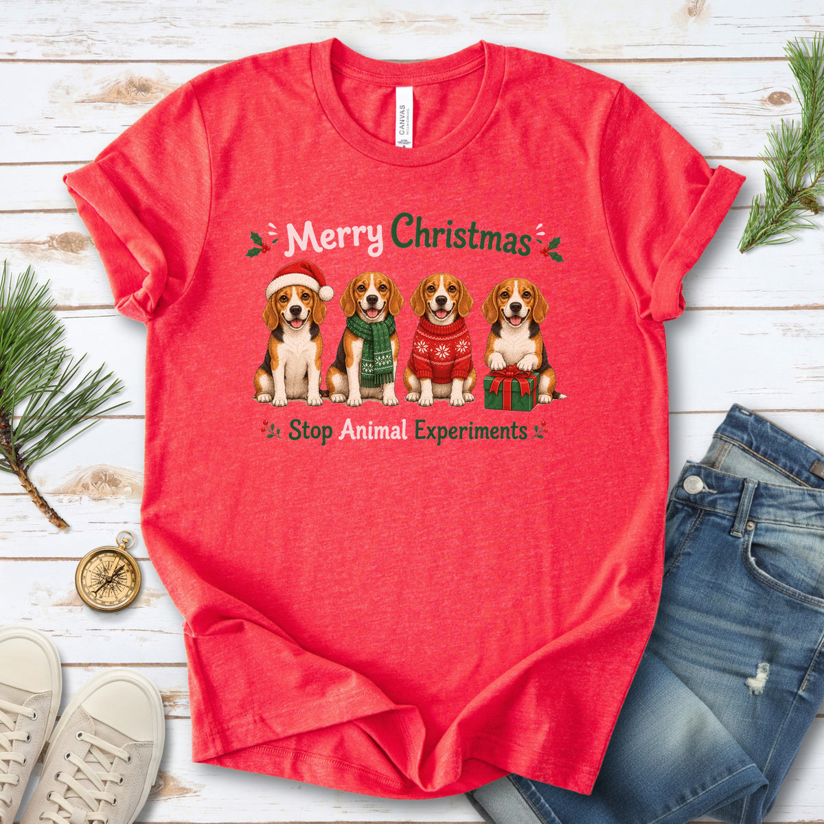 Merry Christmas Beagle Dog Stop Animal Experiments Rescue Gift T-Shirt