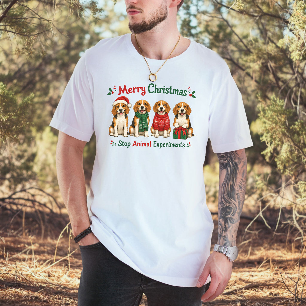 Merry Christmas Beagle Dog Stop Animal Experiments Rescue Gift T-Shirt