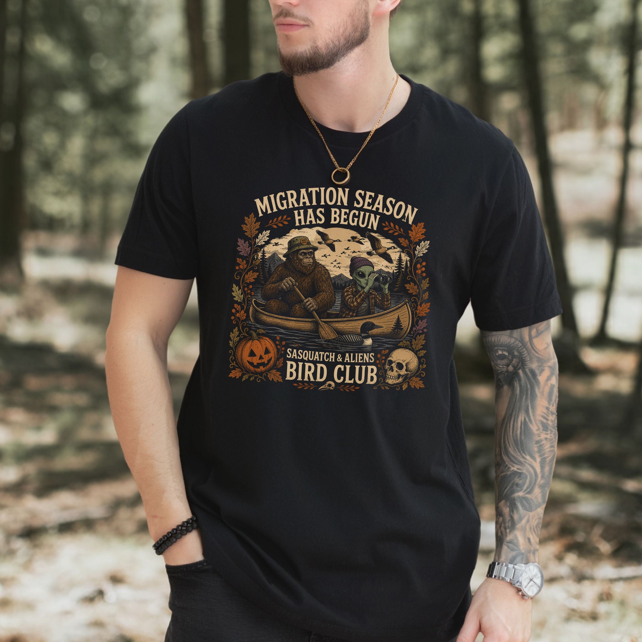 Migration Season Has Begun Sasquatch Alien Bird Club Halloween T-Shirt