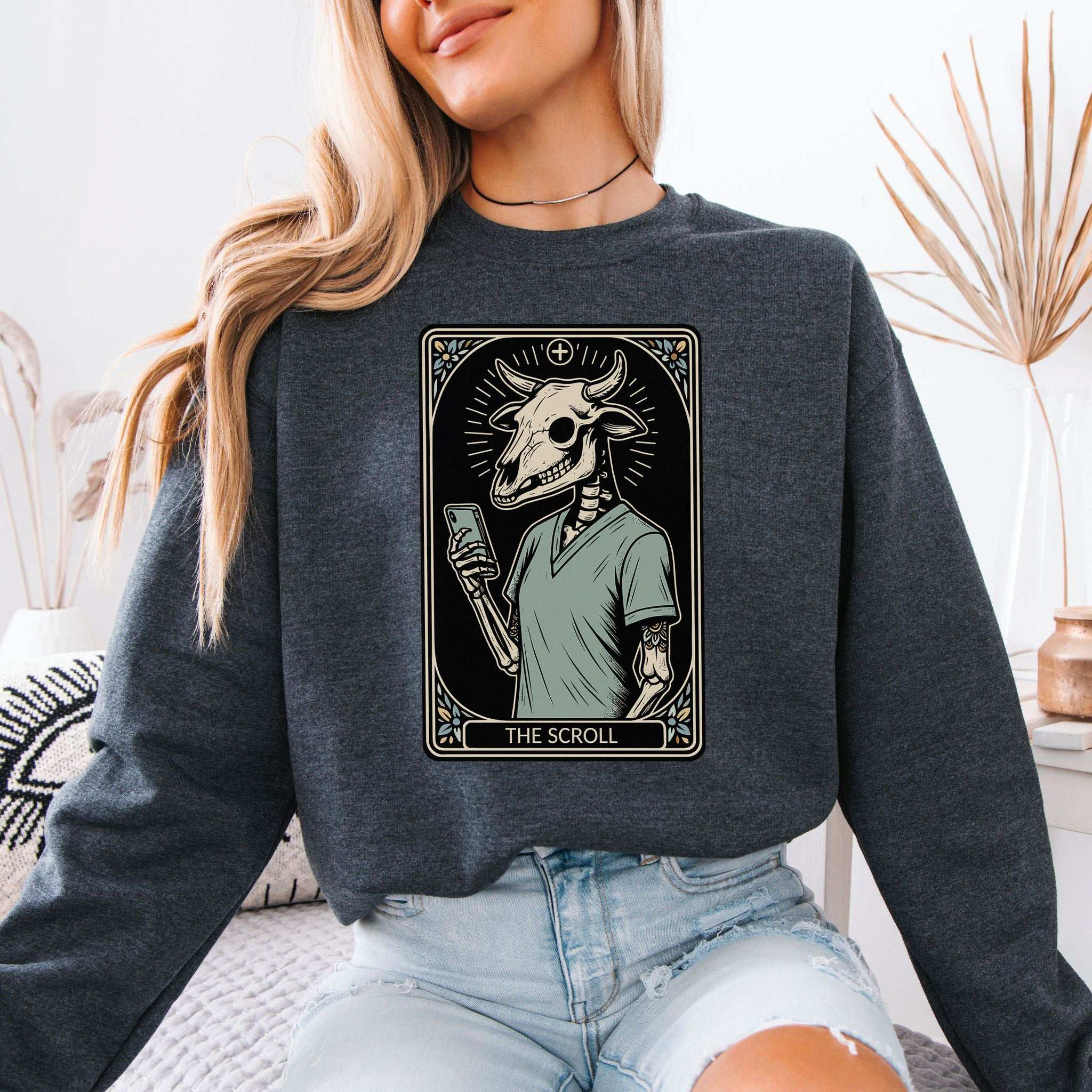The Scroll Skeleton Halloween Sweatshirt – Tarot Doom for Screen Addicts