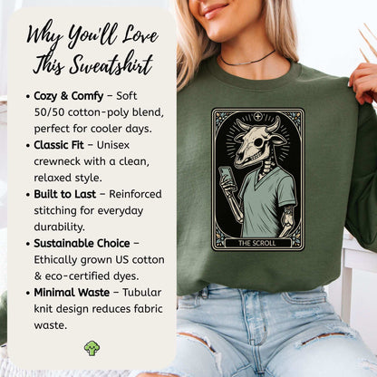 The Scroll Skeleton Halloween Sweatshirt – Tarot Doom for Screen Addicts