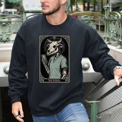 The Scroll Skeleton Halloween Sweatshirt – Tarot Doom for Screen Addicts