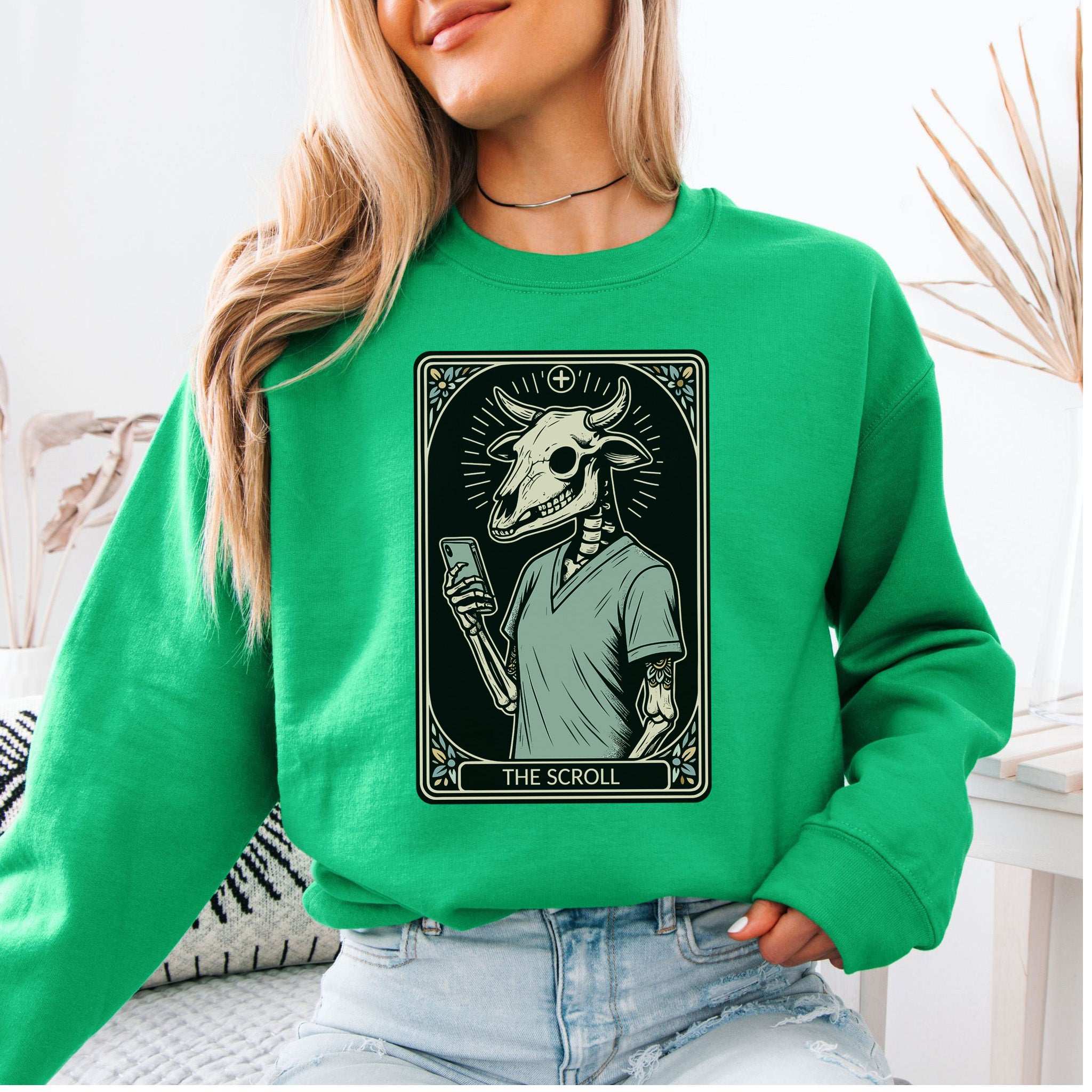 The Scroll Skeleton Halloween Sweatshirt – Tarot Doom for Screen Addicts