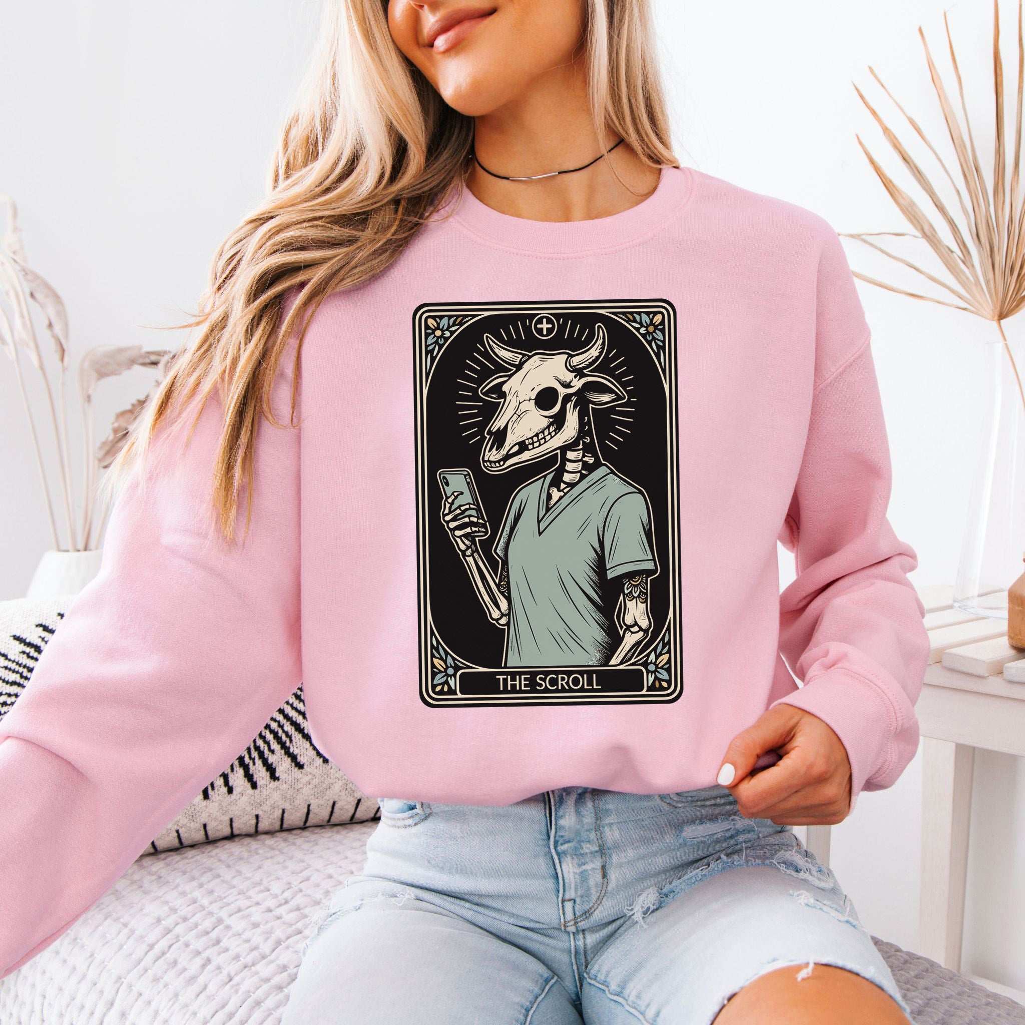 The Scroll Skeleton Halloween Sweatshirt – Tarot Doom for Screen Addicts