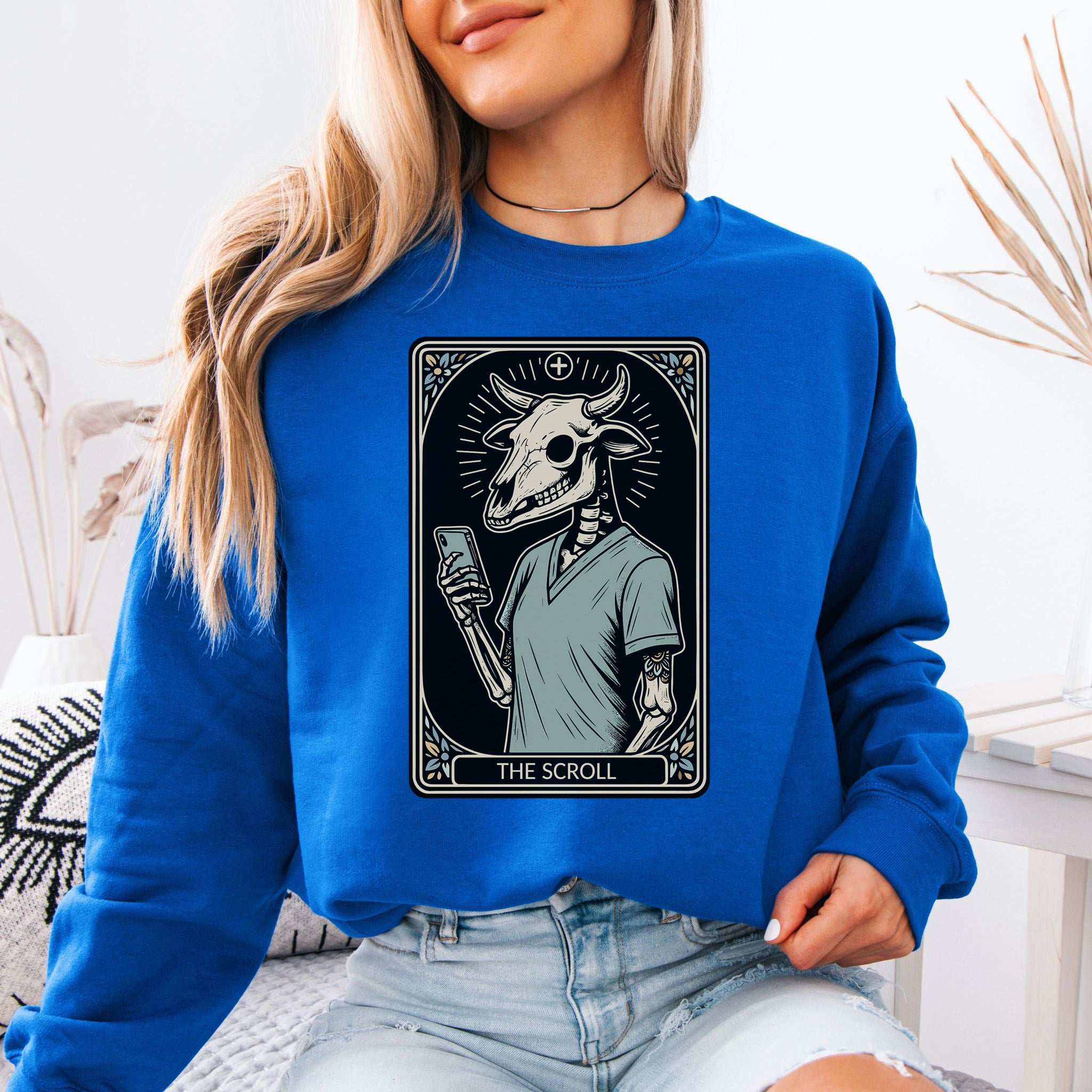 The Scroll Skeleton Halloween Sweatshirt – Tarot Doom for Screen Addicts