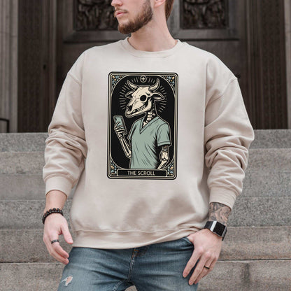The Scroll Skeleton Halloween Sweatshirt – Tarot Doom for Screen Addicts