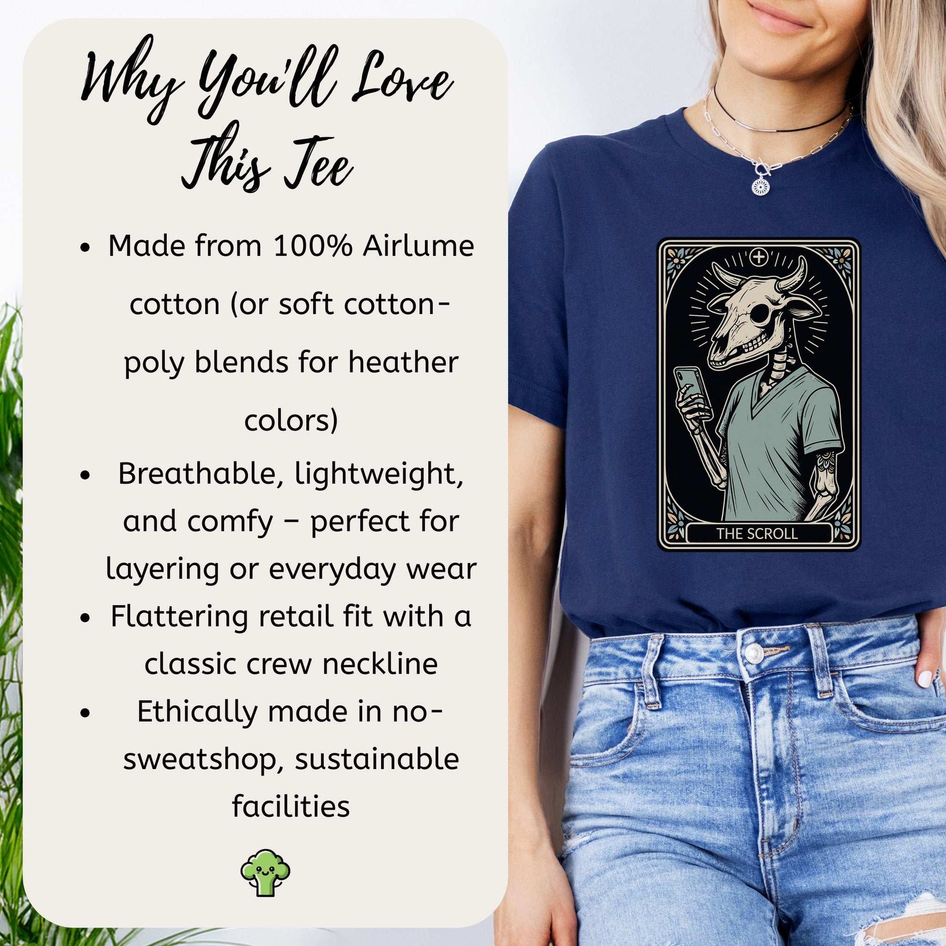 The Scroll Skeleton T-shirt featuring a bull skull tarot card design, perfect for tech lovers and goth enthusiasts.