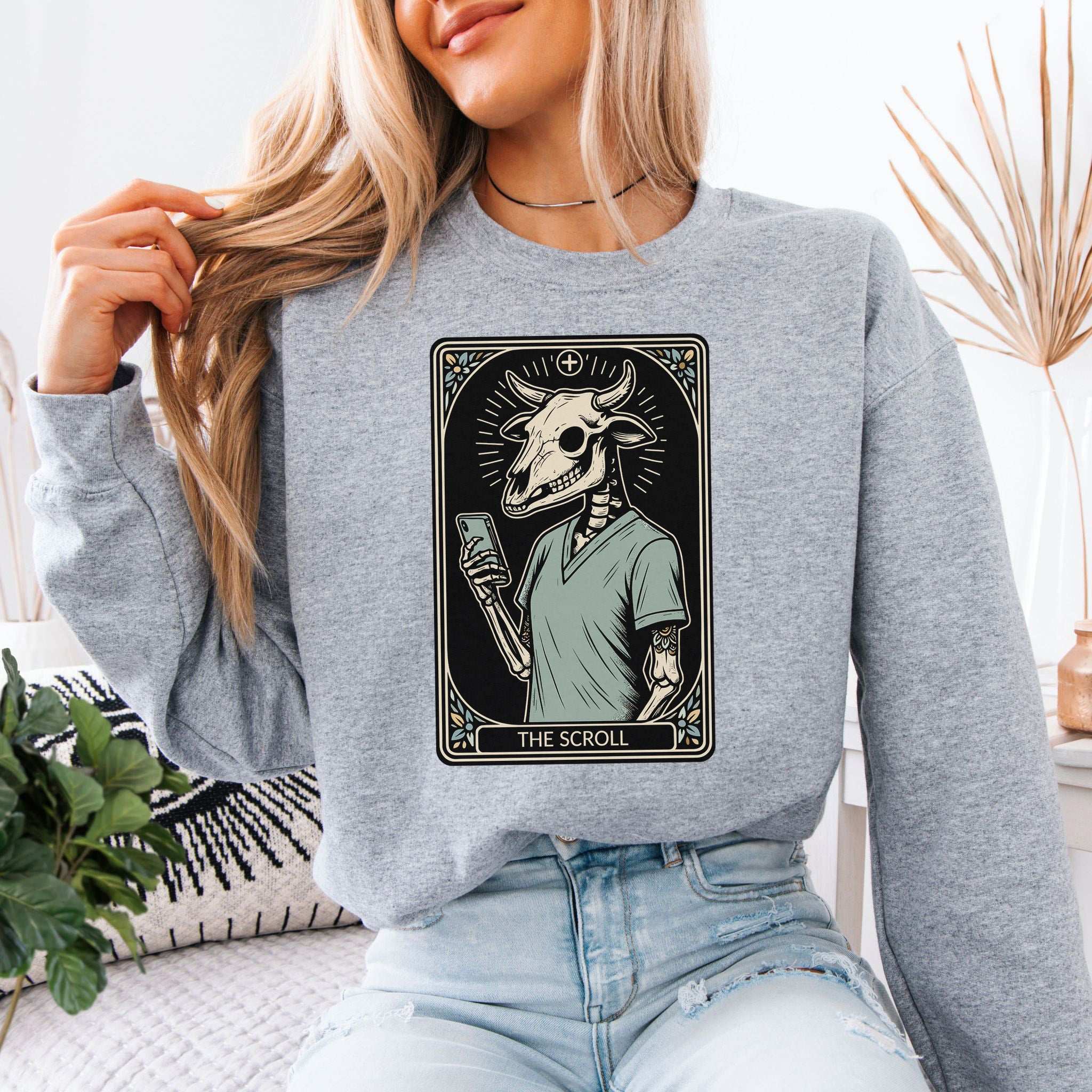 The Scroll Skeleton Halloween Sweatshirt – Tarot Doom for Screen Addicts