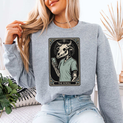 The Scroll Skeleton Halloween Sweatshirt – Tarot Doom for Screen Addicts