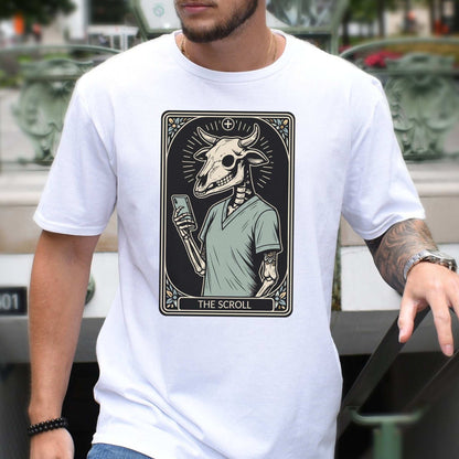 The Scroll Skeleton T-shirt featuring a bull skull tarot card design for tech addicts and goth culture.