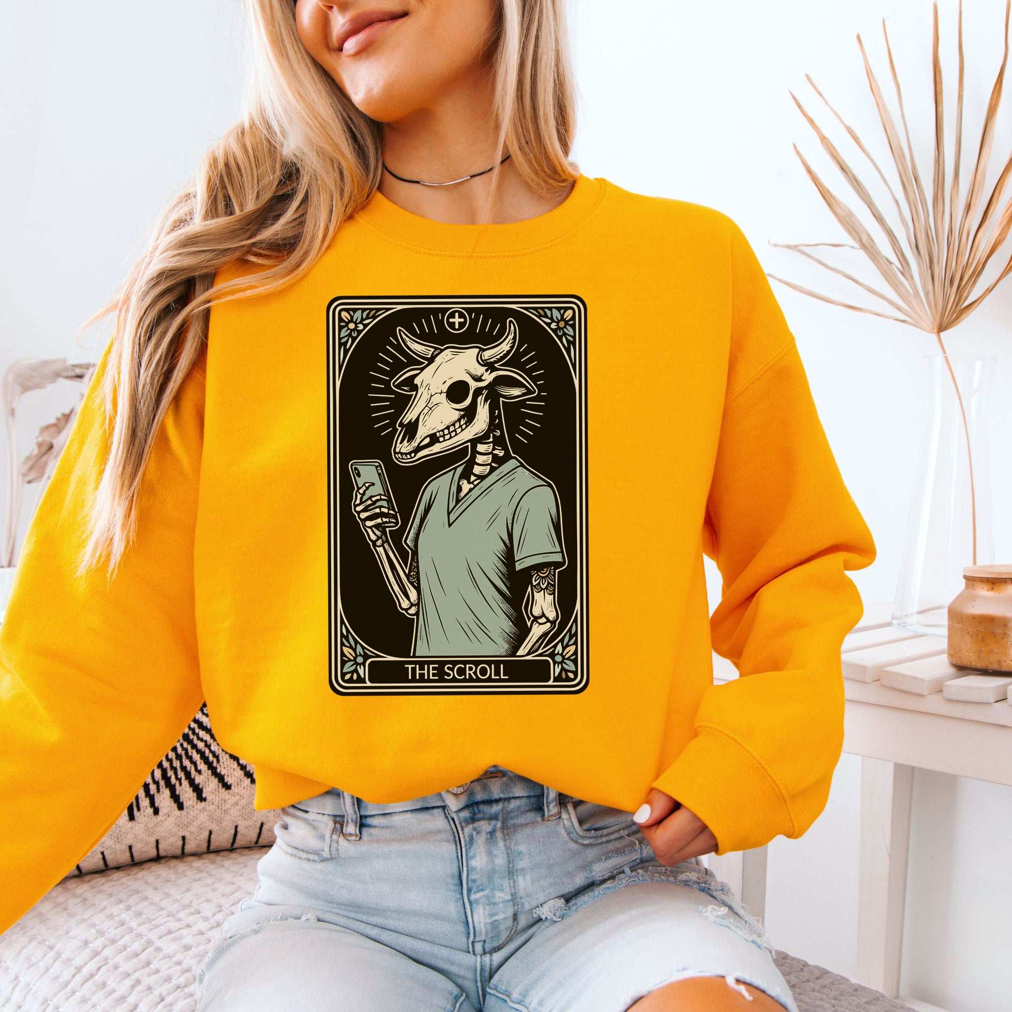 The Scroll Skeleton Halloween Sweatshirt – Tarot Doom for Screen Addicts