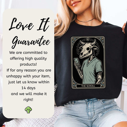 The Scroll Skeleton Halloween Sweatshirt – Tarot Doom for Screen Addicts