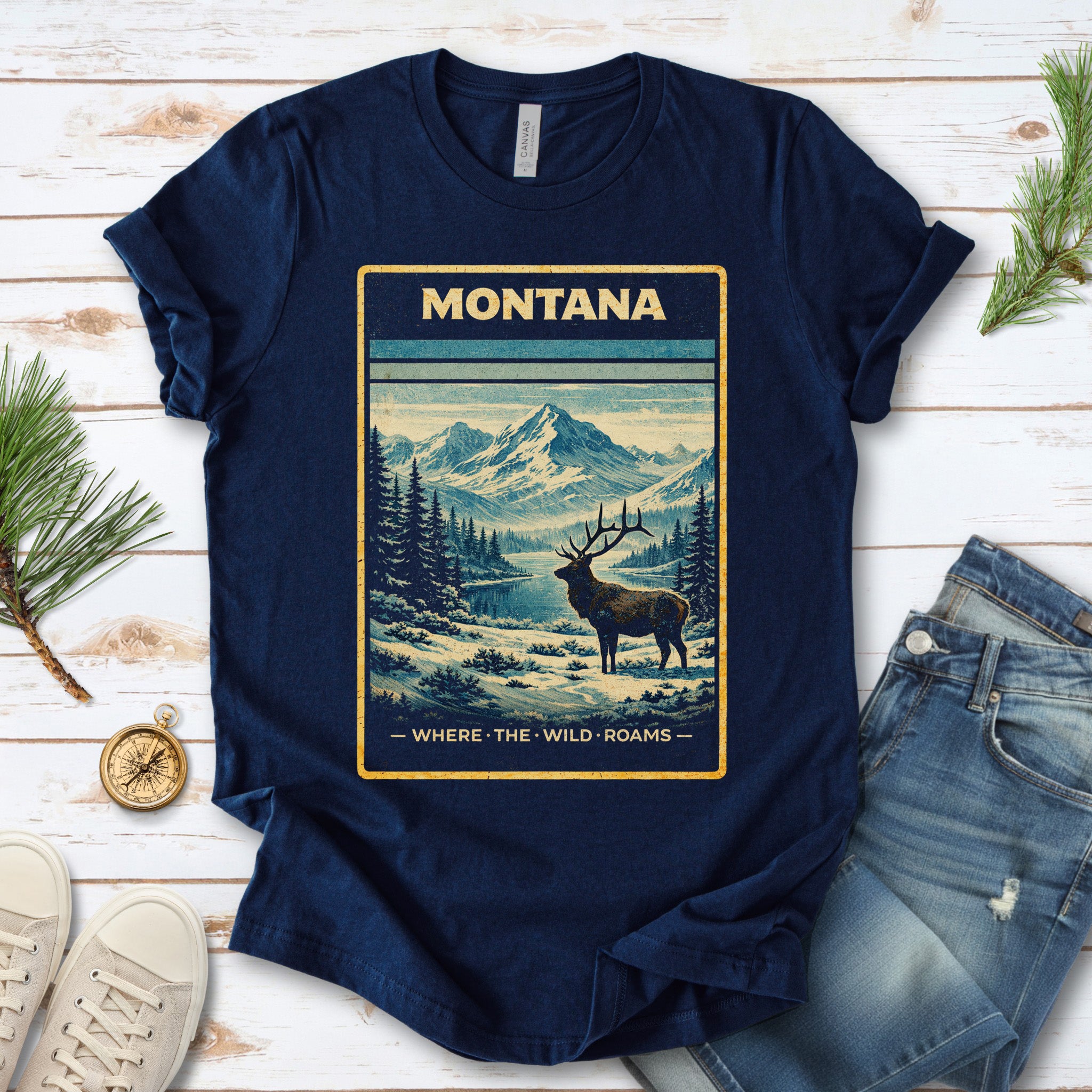 Montana Where the Wild Roams Elk Mountain Adventure Vintage T-Shirt