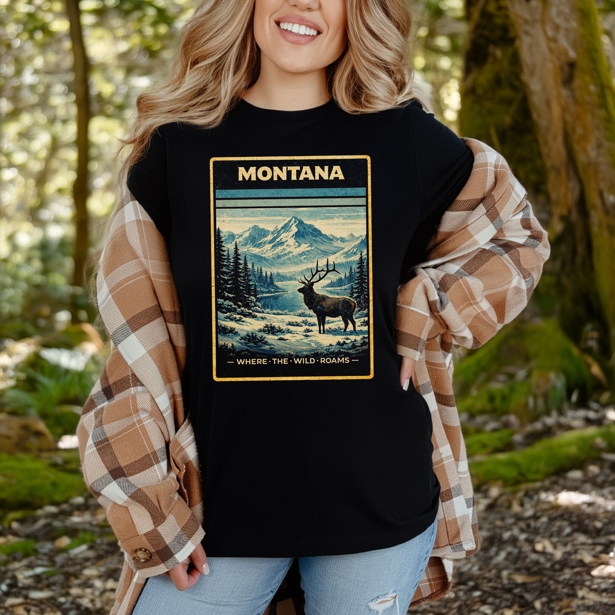Montana Where the Wild Roams Elk Mountain Adventure Vintage T-Shirt