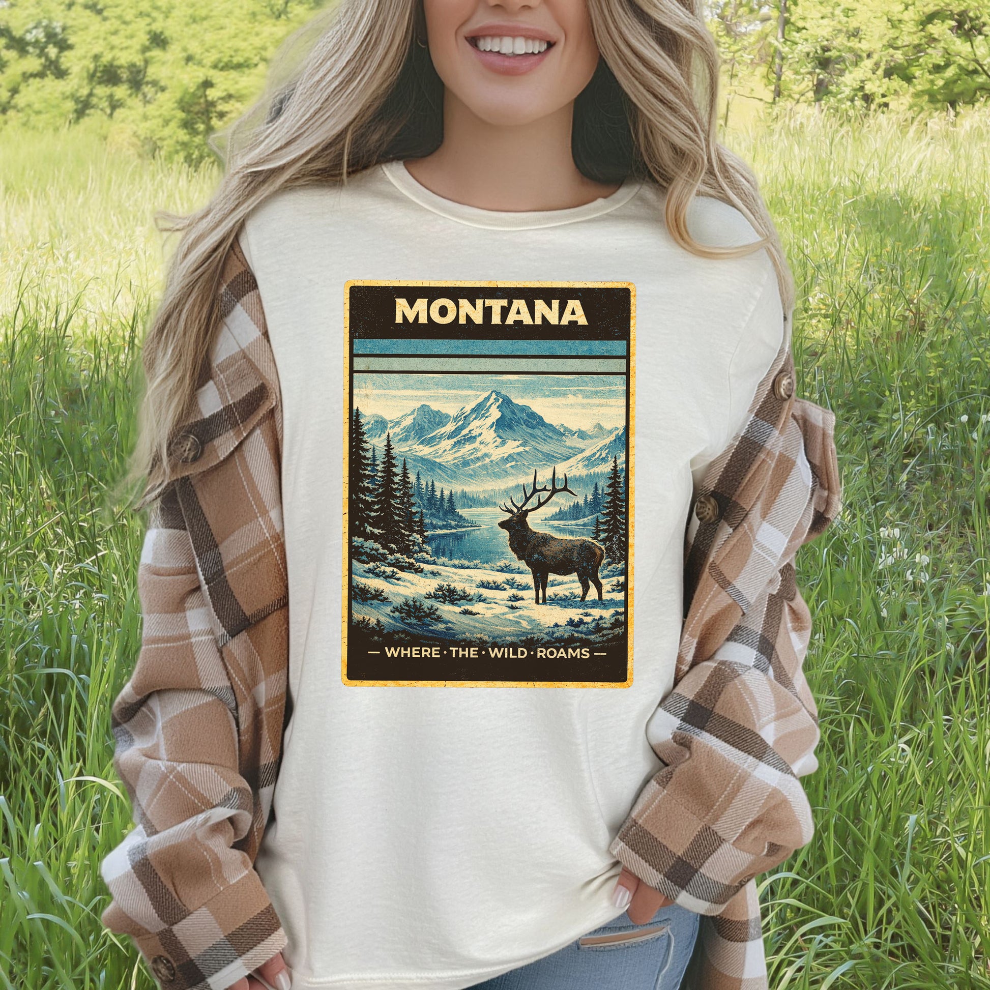 Montana Where the Wild Roams Elk Mountain Adventure Vintage T-Shirt