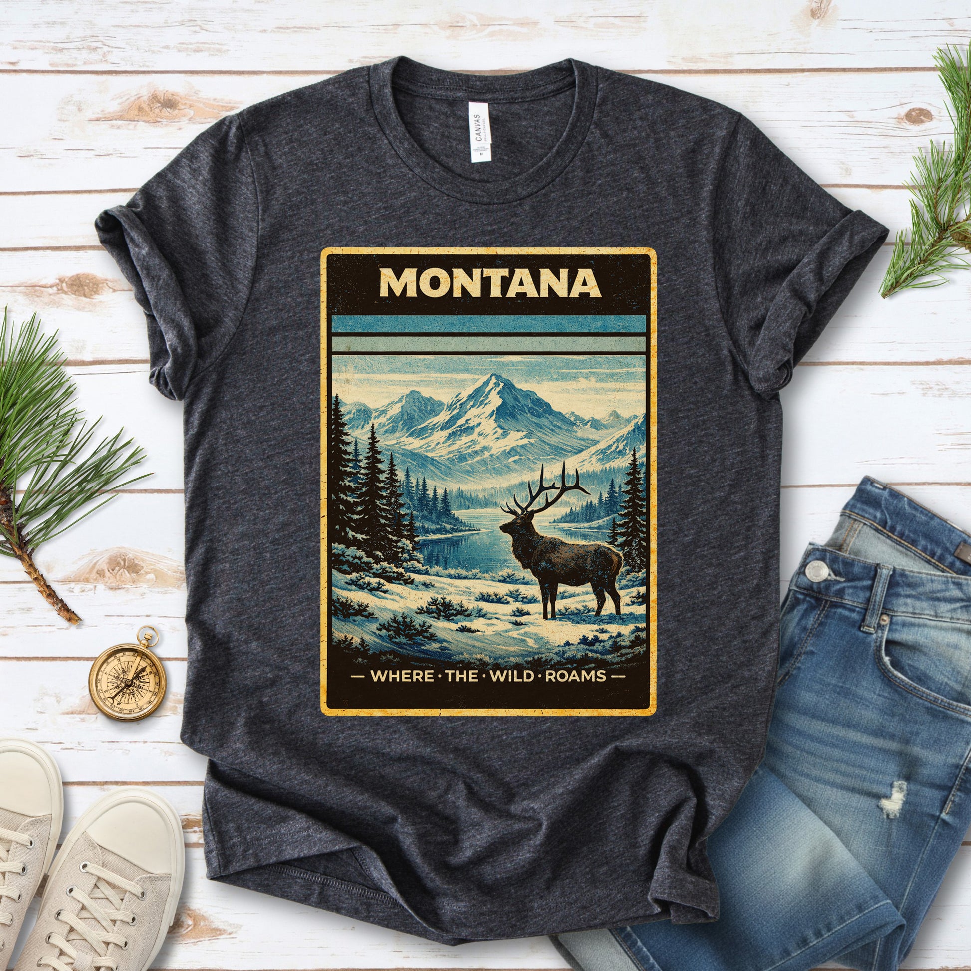 Montana Where the Wild Roams Elk Mountain Adventure Vintage T-Shirt