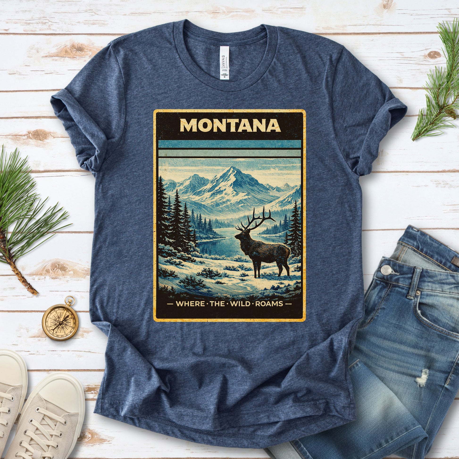 Montana Where the Wild Roams Elk Mountain Adventure Vintage T-Shirt