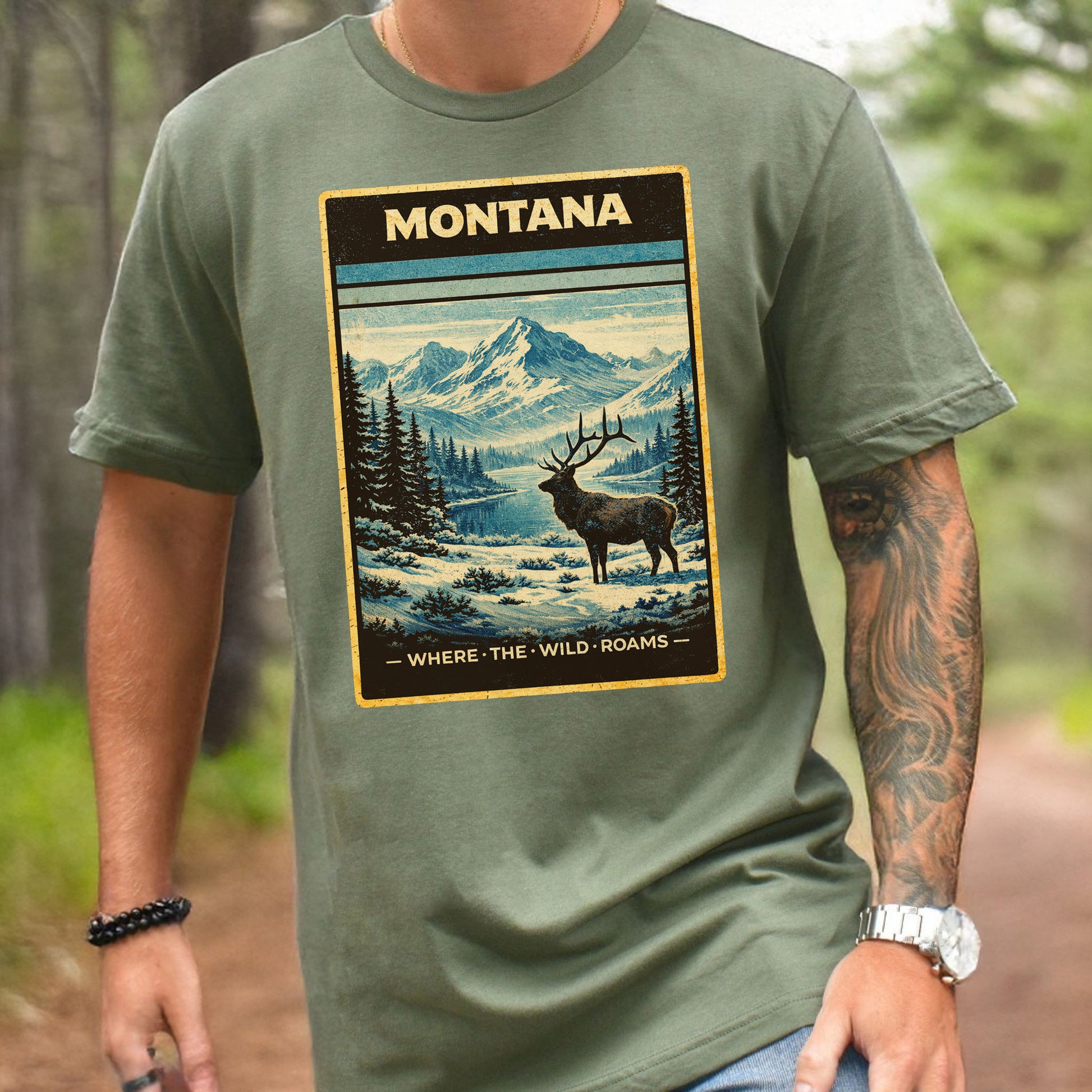 Montana Where the Wild Roams Elk Mountain Adventure Vintage T-Shirt