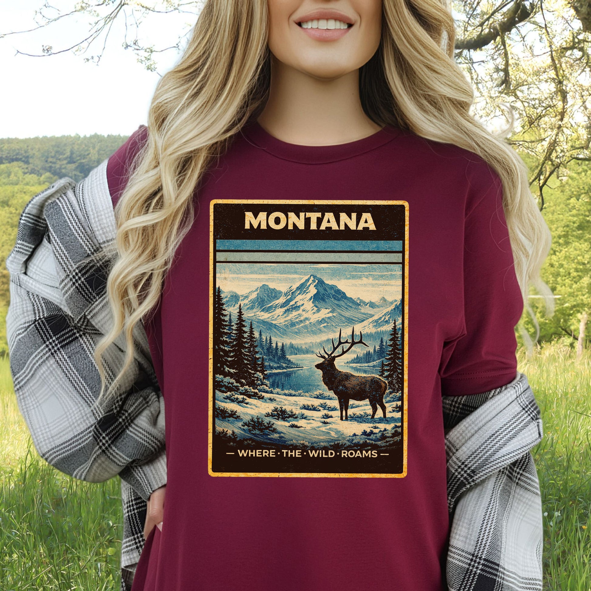 Montana Where the Wild Roams Elk Mountain Adventure Vintage T-Shirt