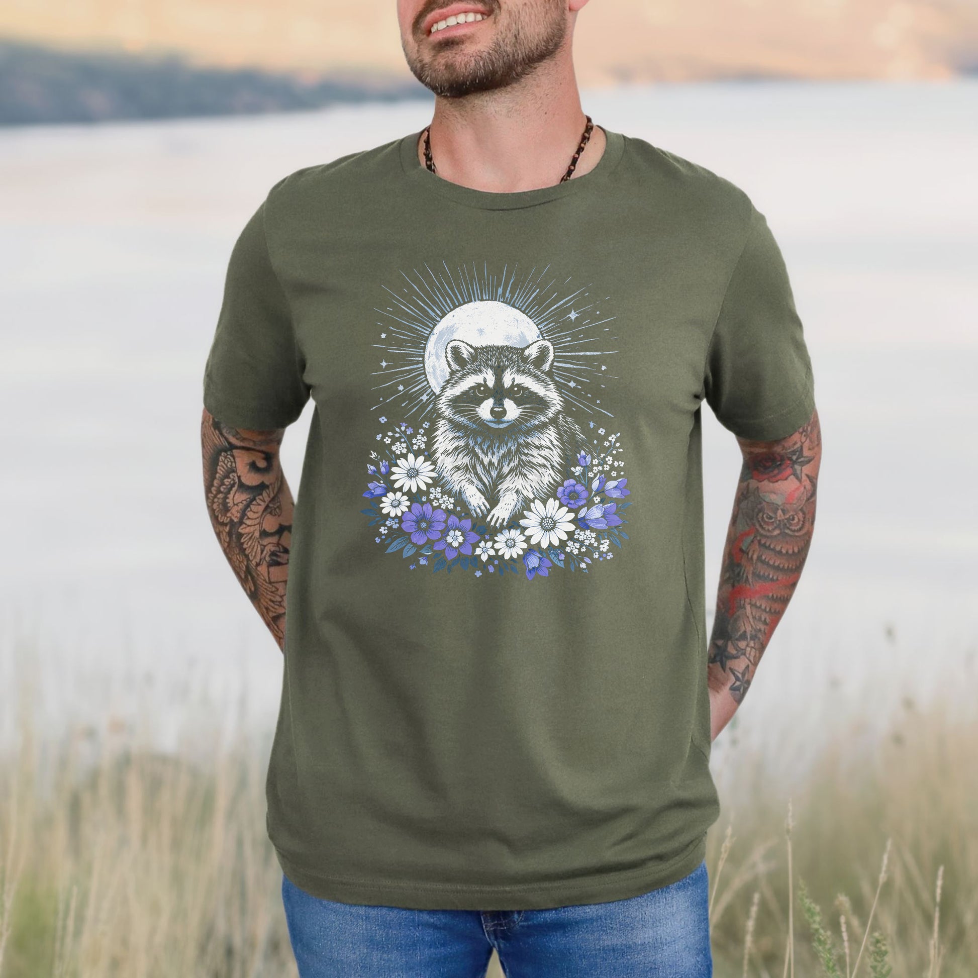 Moonlit Guardian Raccoon Botanical Daisy Moon T-Shirt