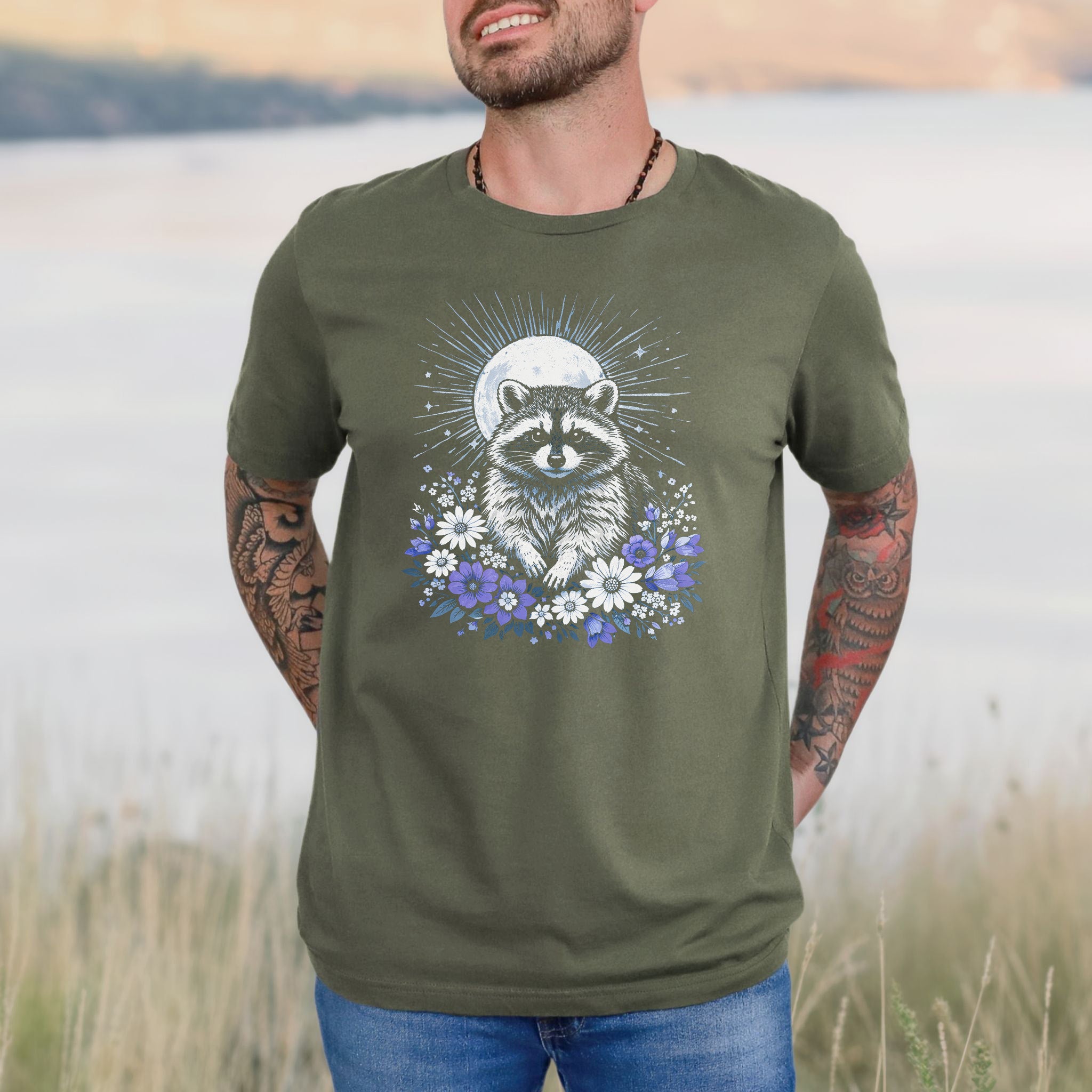 Moonlit Guardian Raccoon Botanical Daisy Moon T-Shirt
